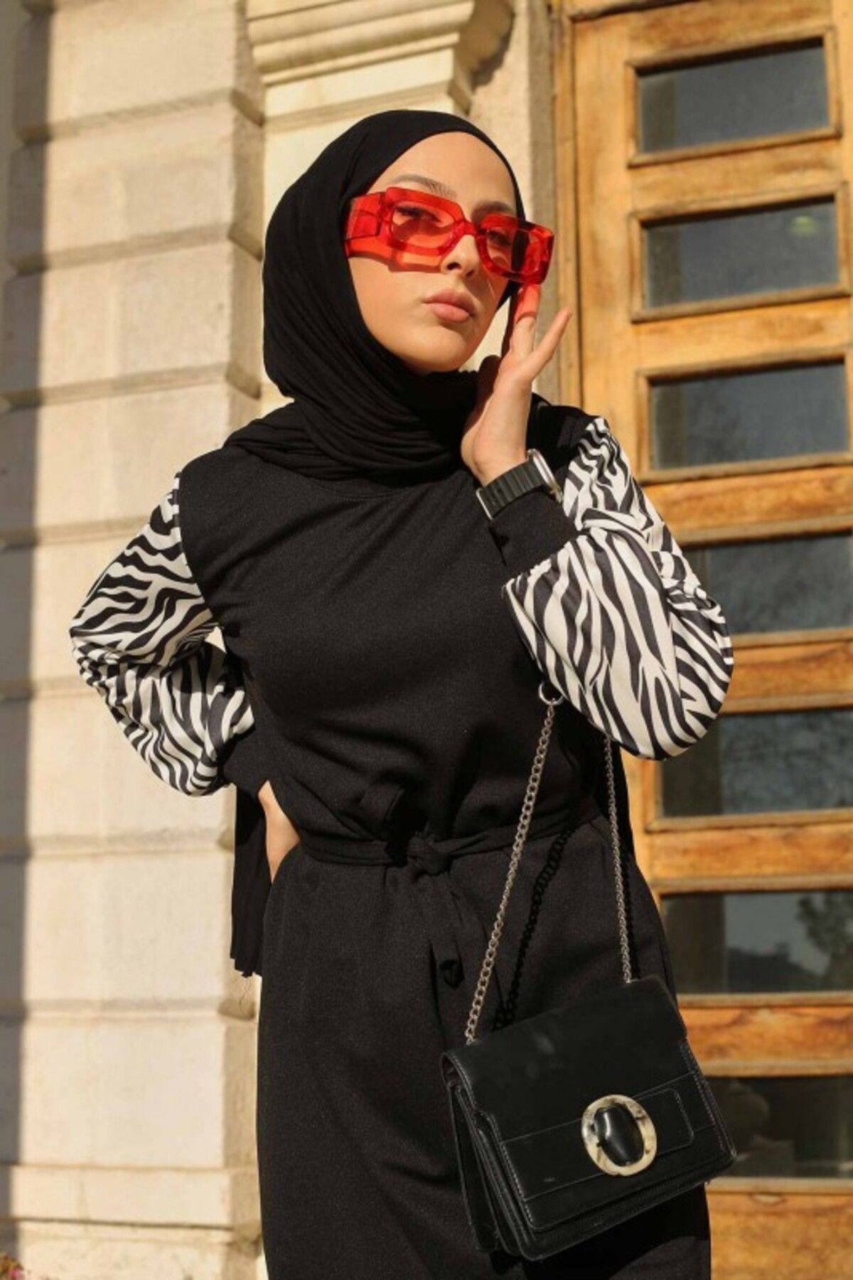 DHDmoda Siyah Kolları Zebra Desen Elbise