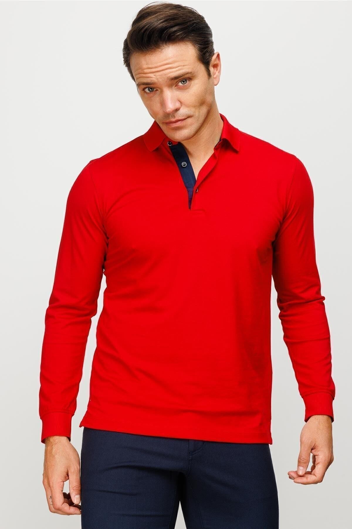 Desen Triko Erkek Polo Yaka Uzun Kollu Sweatshirt Kırmızı