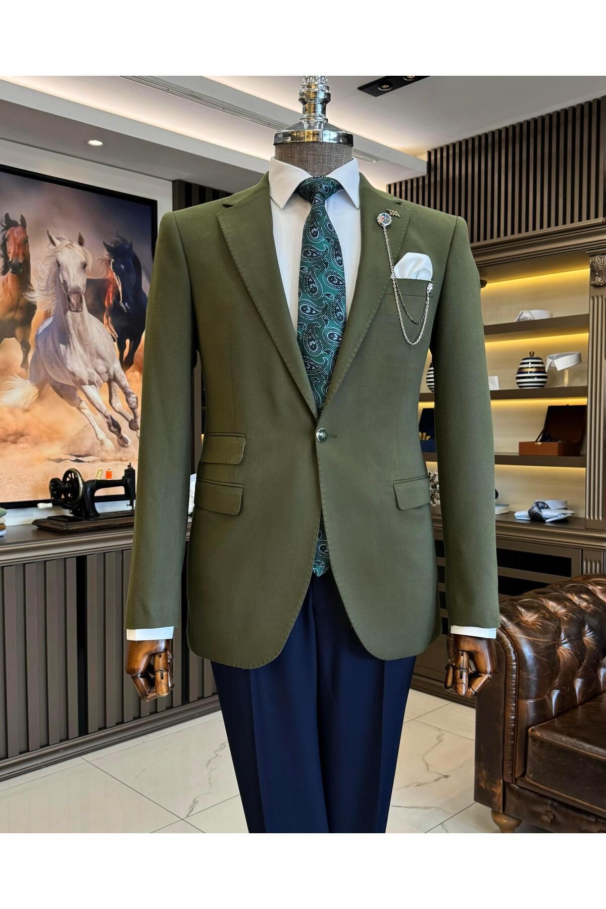 TerziAdemAltun İtalyan stil slim fit mono yaka erkek ceket yeşil T10755