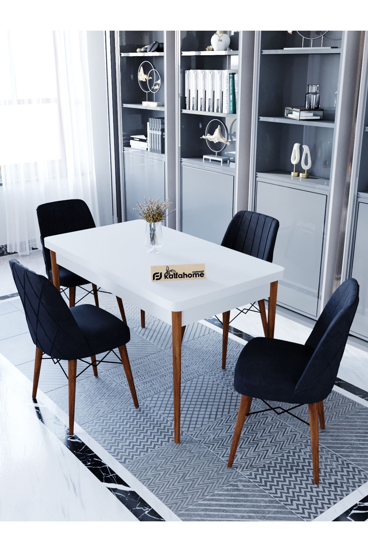 Kaffahome Maxi Serisi Beyaz 70x110 Sabit Yemek Masası , Yemek Masa Takımı 4 Siyah Sandalye
