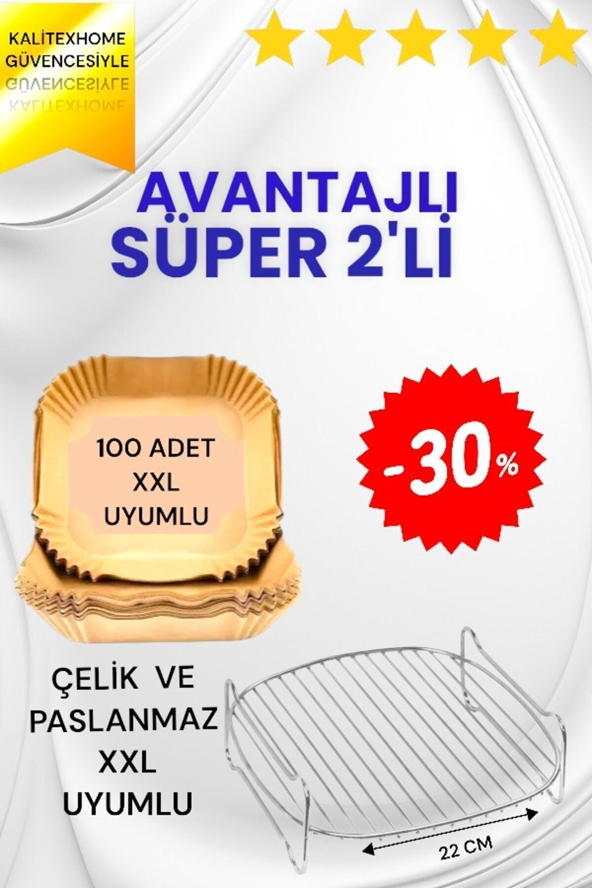 kalitexhome 2'li Set Xxl Uyumlu 100 Adet Pişirme Kağıdı Ve 1 Adet Xxl Uyumlu Airfreyer Teli