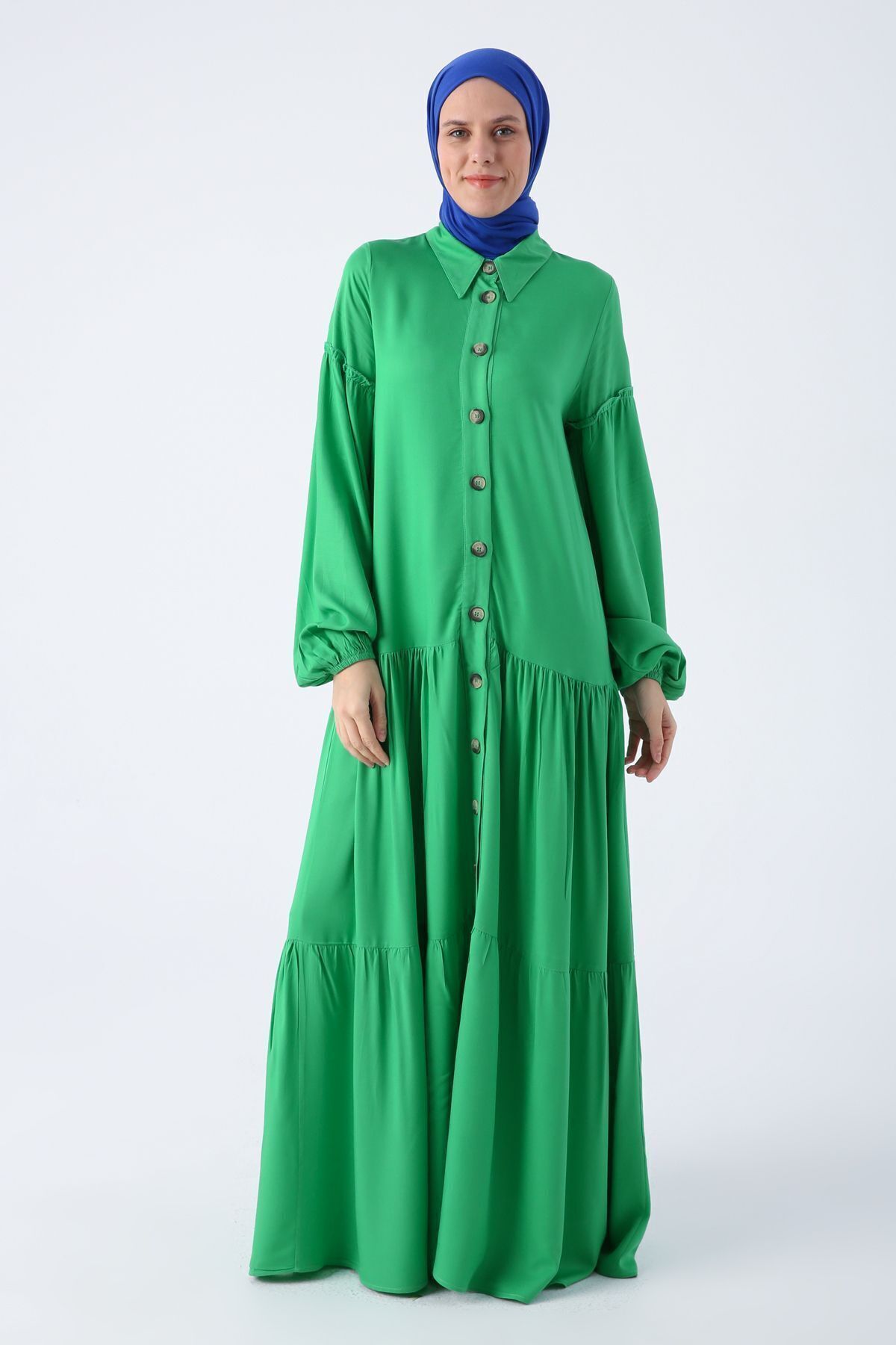 ALLDAY Çimen Yeşili %100 Viskon Eteği Ve Kolları Fırfırlı Gömlek Elbise
