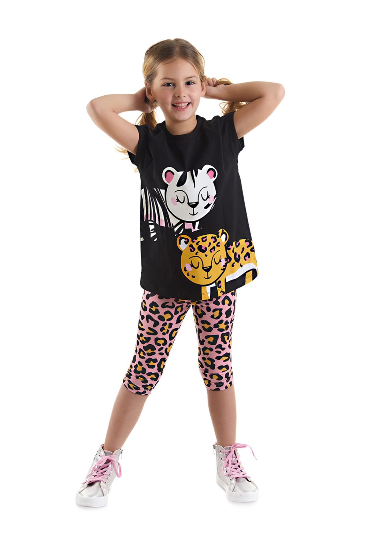 MSHB&G Leopar Ve Zebra Kız Çocuk Yazlık Tunik T-shirt Tayt Takım