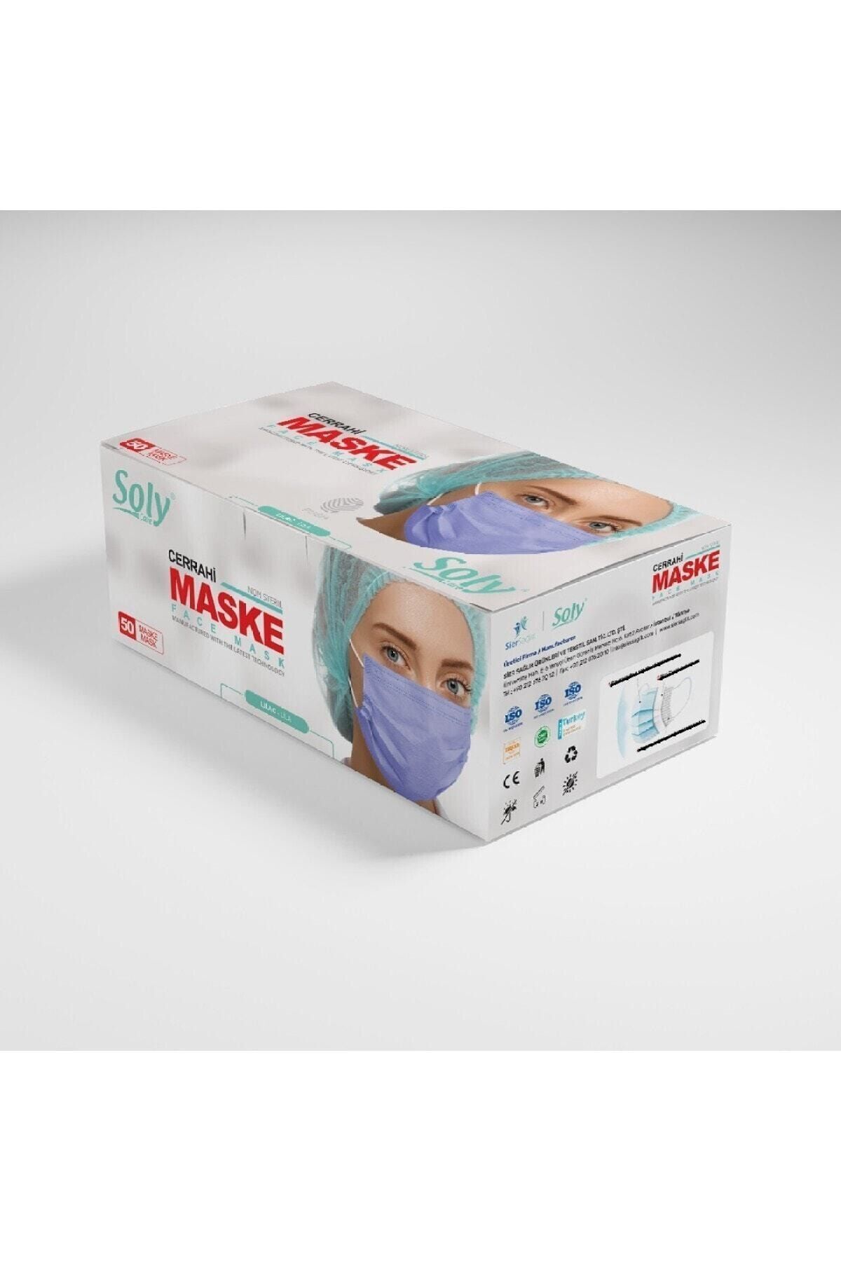 Soly Mor Care Cerrahi Maske 50 Adet (50'li 1 Kutu) Üç Katlı Lastikli Burun Telli