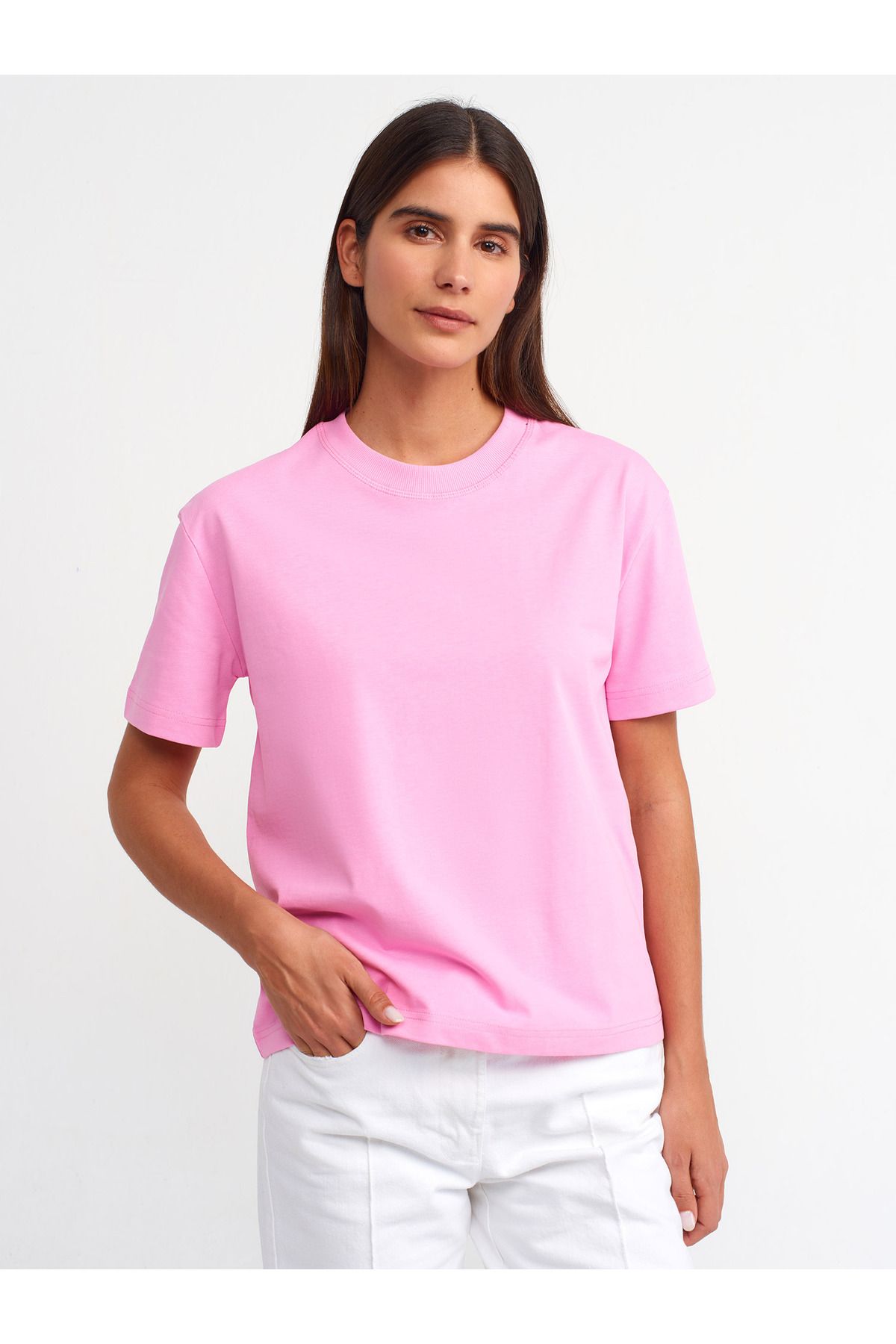 Dilvin 30312 Dekoratif Dikişli Bisiklet Yaka Tshirt-Pembe