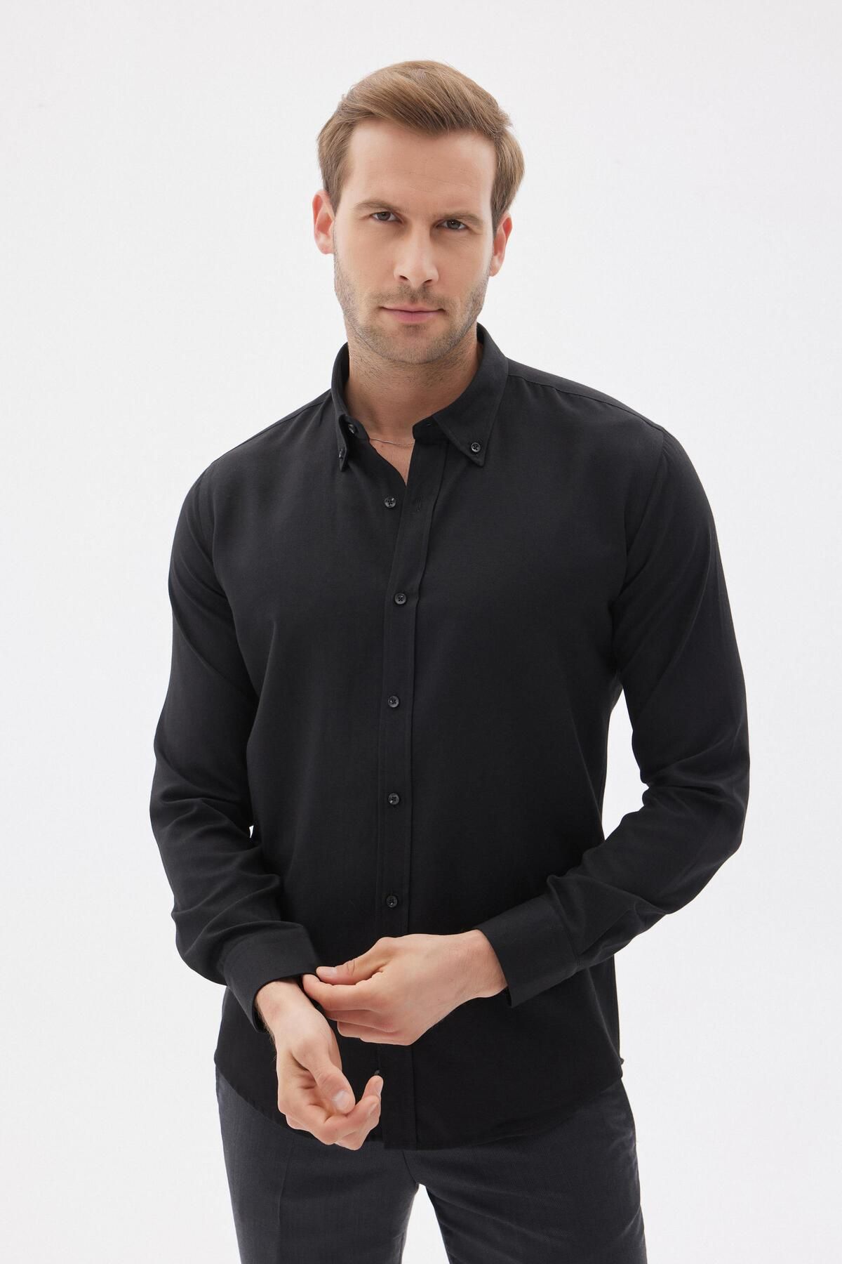 odelon Erkek Kolay Ütülenebilir Oxford Slim Fit Gömlek Siyah Mars36