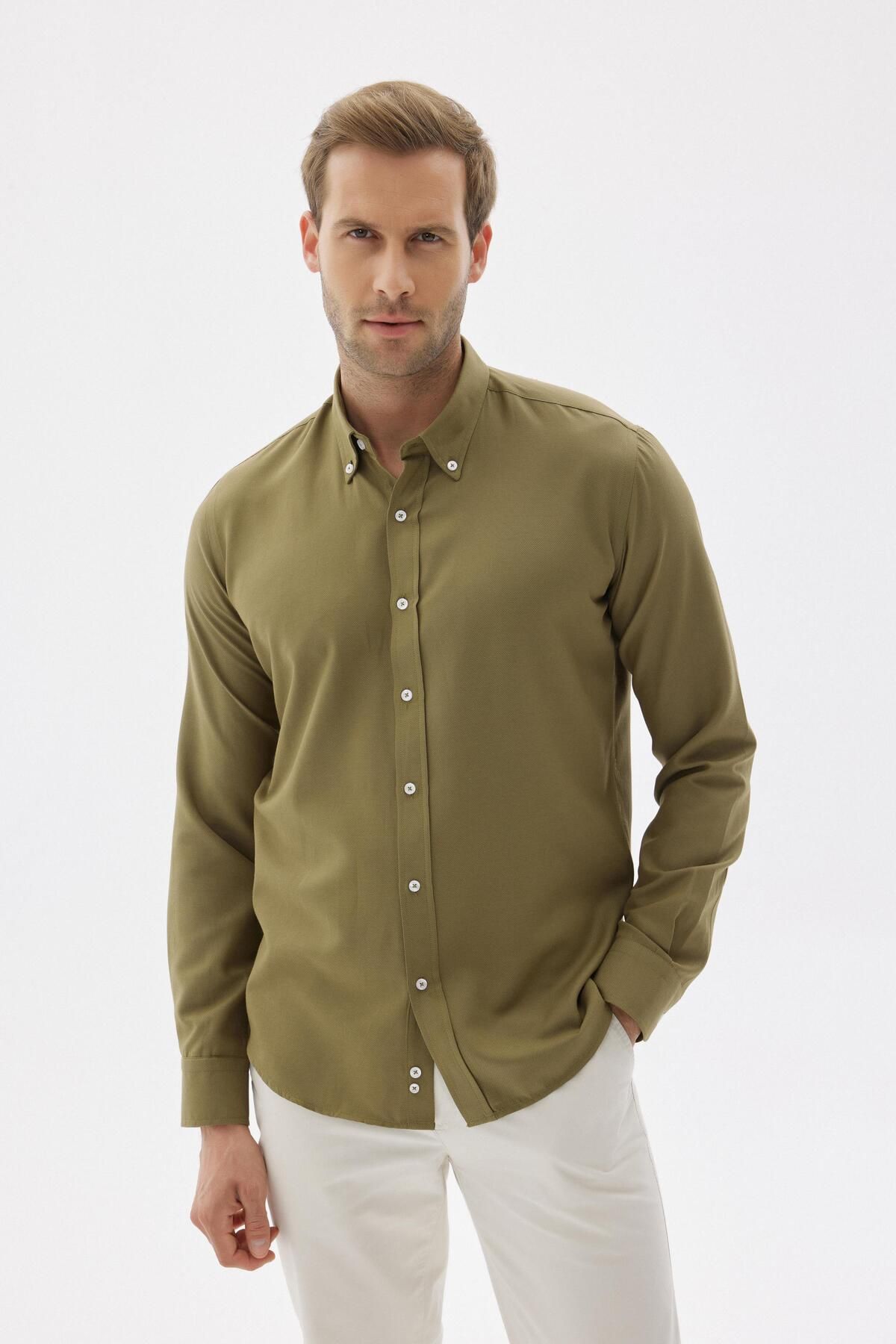 odelon Erkek Kolay Ütülenebilir Oxford Slim Fit Gömlek Haki Mars36
