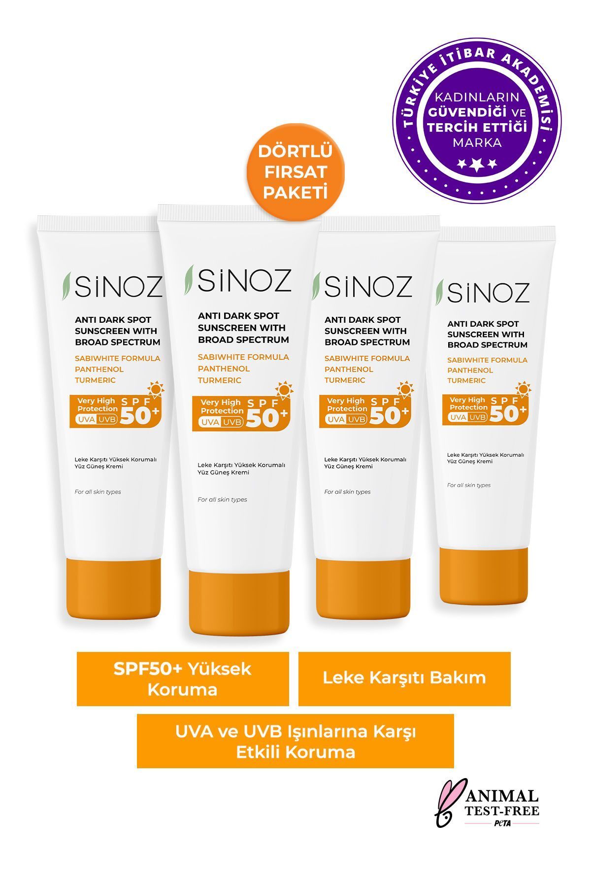 Sinoz SPF 50+ Yüz Güneş Kremi - Normal ve Kuru Ciltler için Günlük Kullanım 50 ML (4'lü Set)