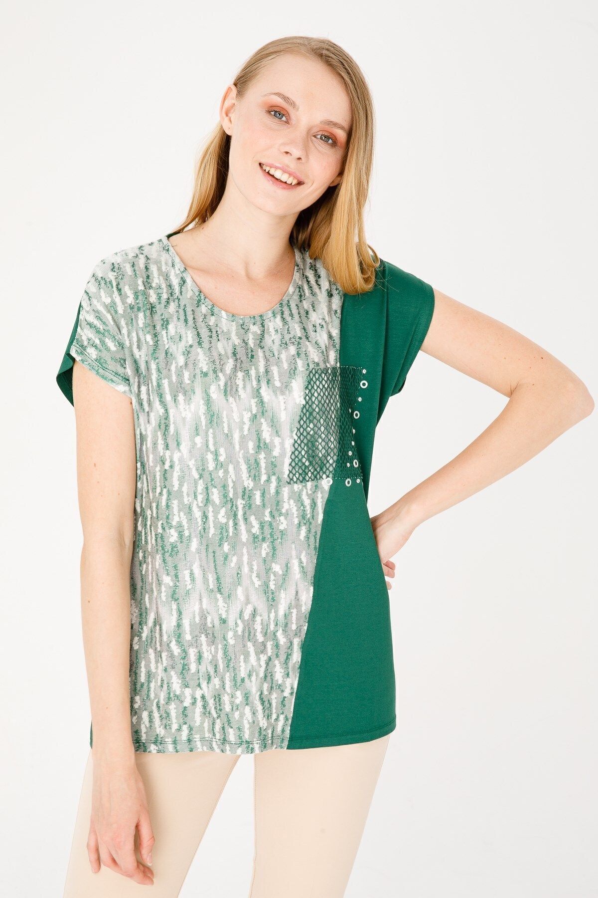 Desen Triko Kadın Sıfır Yaka Düşük Kol File Cepli Penye Bluz Yeşil