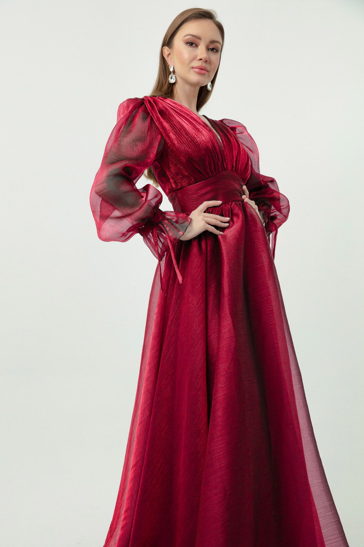 Lafaba Kadın Kırmızı Balon Kol V Yaka Uzun Abiye Elbise