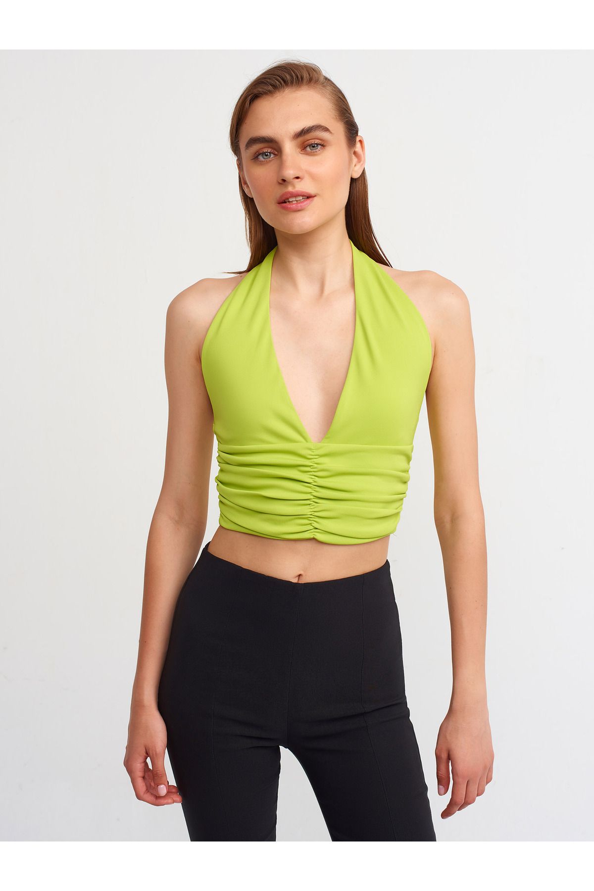 Dilvin 20154 Büzgü Detaylı Crop Top-lime