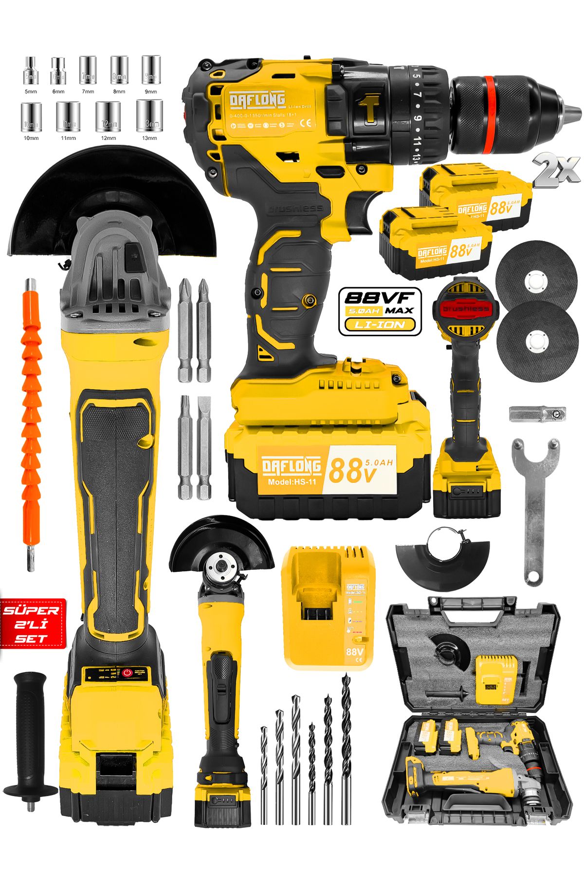 DAFLONG Ultra 2 Li Set Şarjlı Taşlama Şarjlı Kömürsüz Matkap Setli -sarı