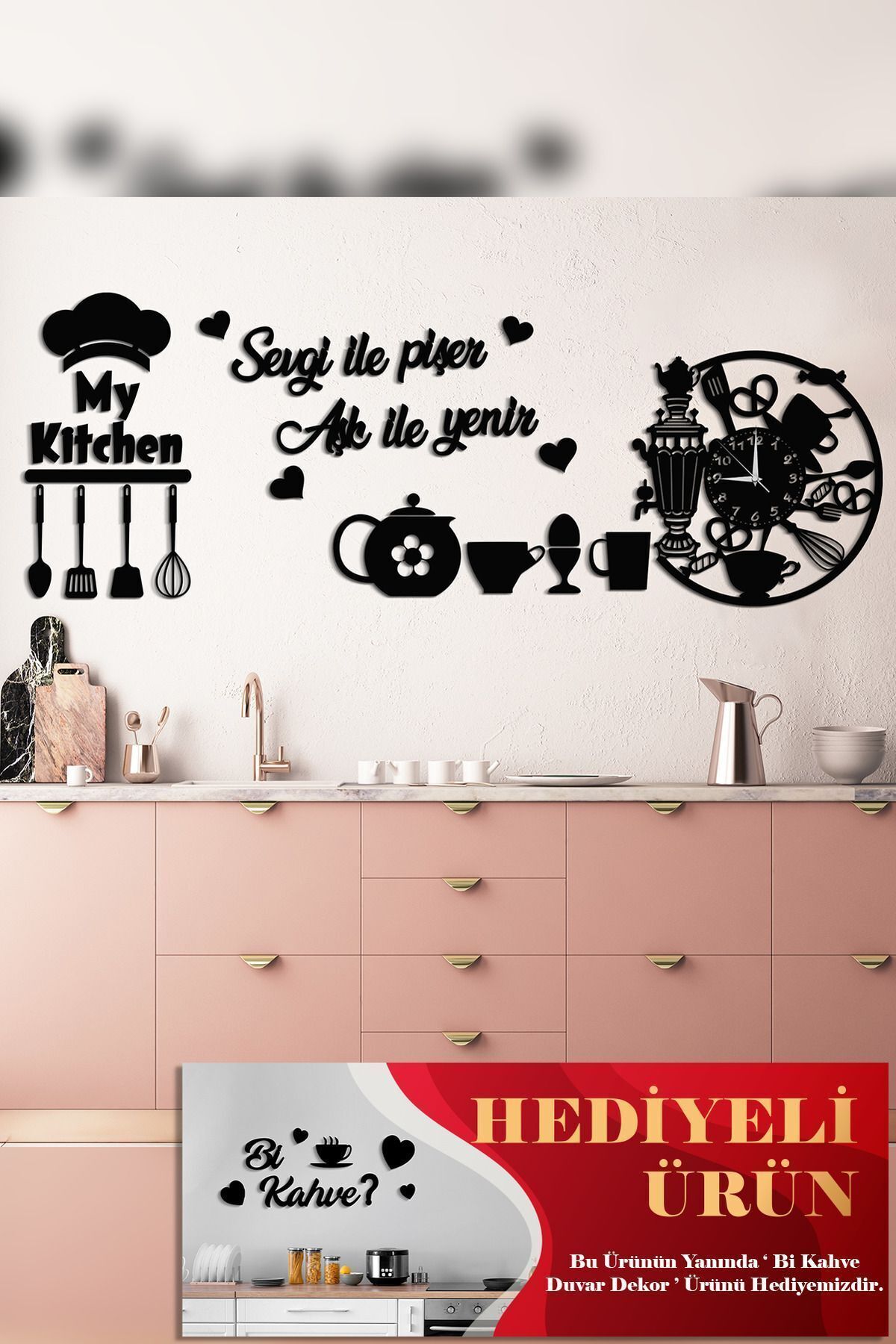 Evimemoda My Kitchen Sevgi İle Pişer Aşk İle Yenir Saatli Mutfak Cafe Duvar Dekor Siyah Mdf Tablo - Hediyeli -