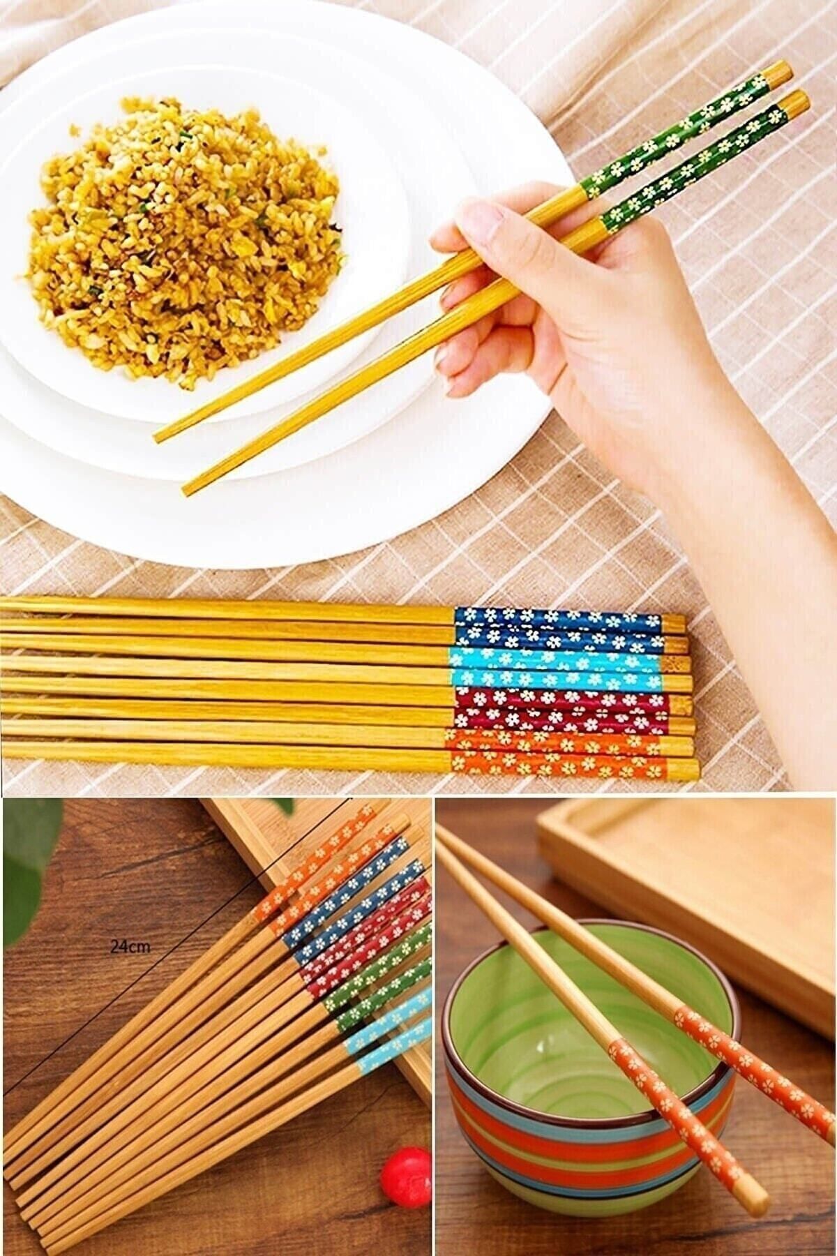 Bundera Bambu Chopstick 10 Çift Ahşap Desenli Çin Çubuğu Yıkanabilir Tekrar Kullanılabilir Suşi Çubuğu