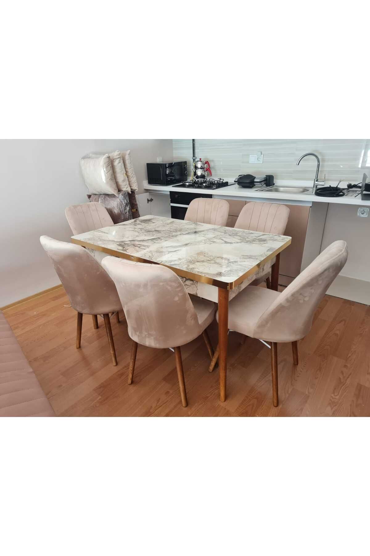 Kristal Evim Açılır Yemek Masası Takımı Mdf Beyaz Mermer Desenli Masa Sandalye Takımı