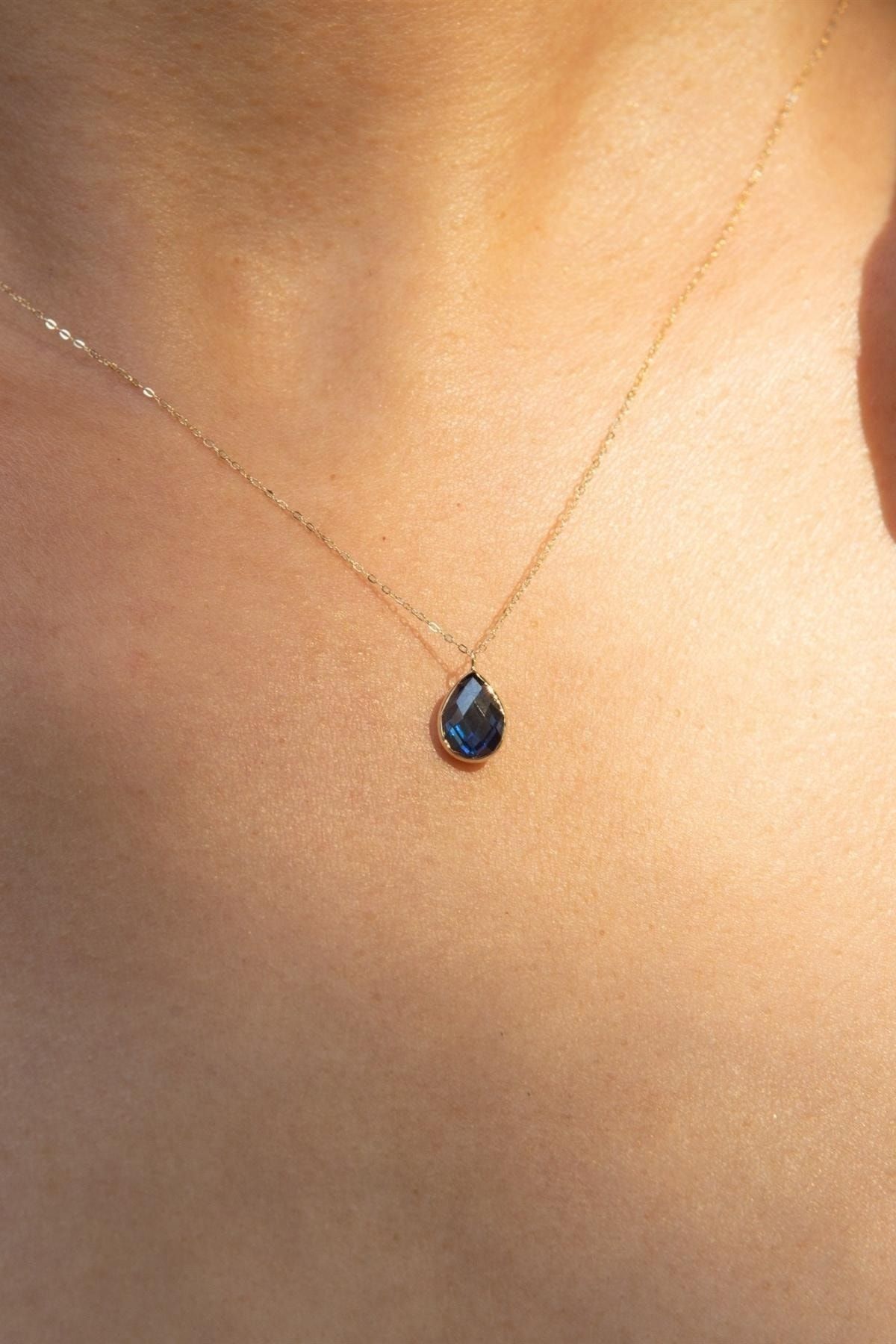 Safir Kuyumculuk 14k Gold Navy Blue Natural Stone Necklace - stylish and suitable for everyday use