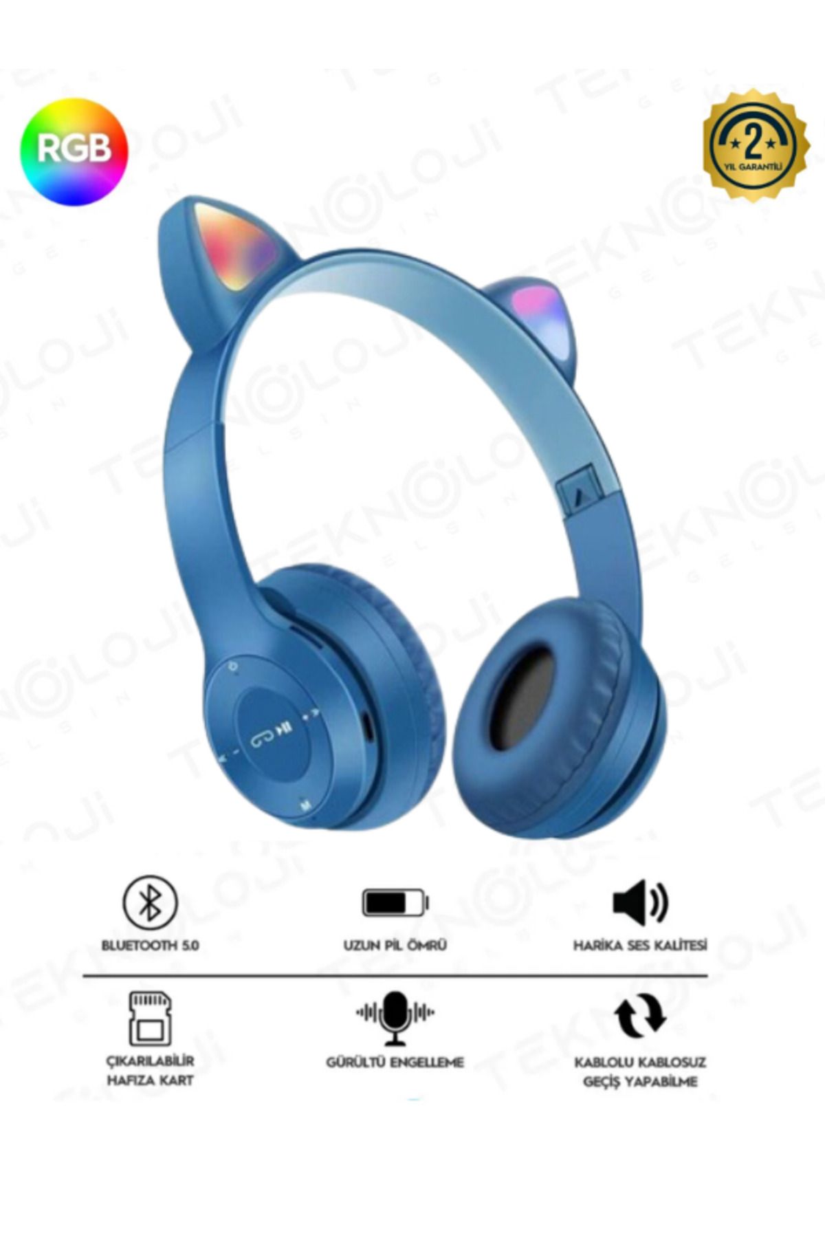 Teknoloji Gelsin Kedi Kulaklık Kız Erkek Çocuk Kulaklığı Kulaküstü Işıklı Mikrofonlu Kablosuz