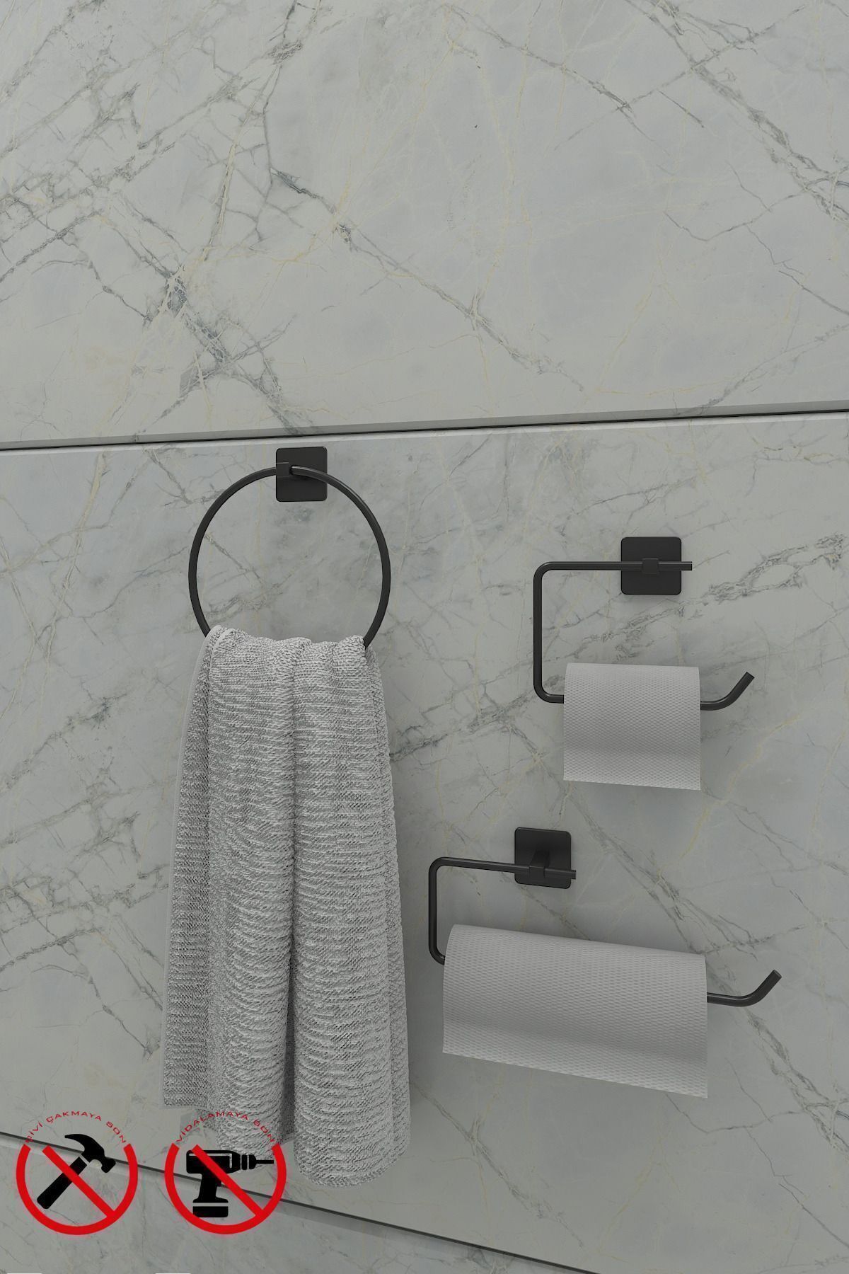 Alper Banyo Yapışkanlı Siyah Kare Topuz Havluluk ve Kare Tuvalet Kağıtlık Kare Peçetelik Seti Banyo Düzenleyici