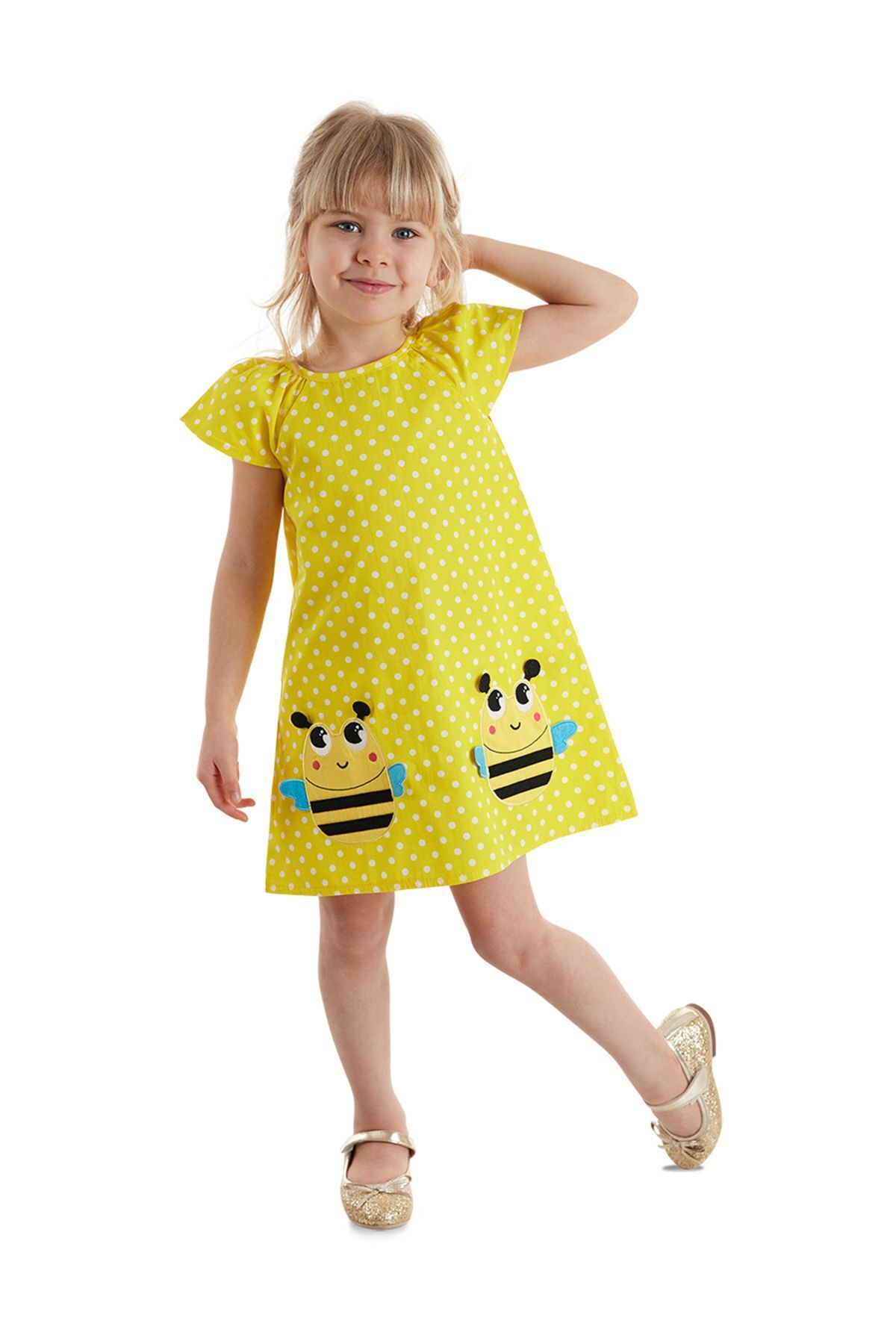 Denokids Puanlı Arılar Kız Çocuk Sarı Yazlık Elbise