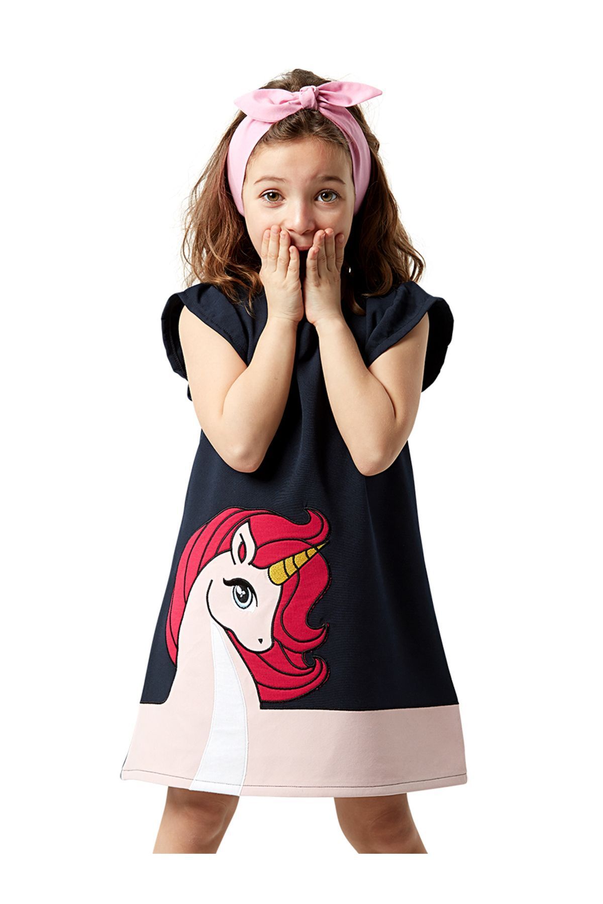 Denokids Unique Unicorn Kız Çocuk Fırfırlı Lacivert Yazlık Elbise