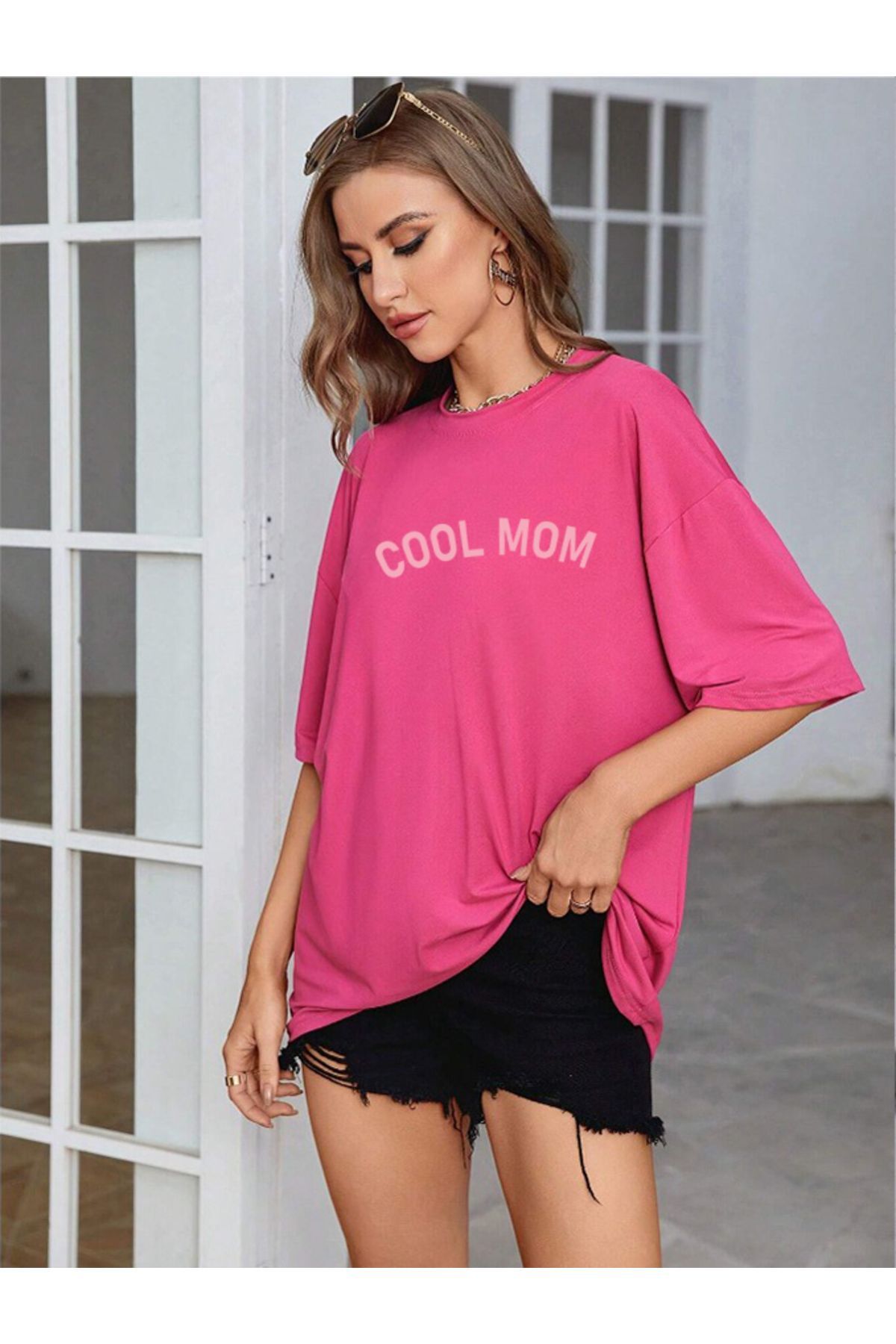 Genel Markalar Oversize Cool Mom Baskılı Kadın Pembe Tişört