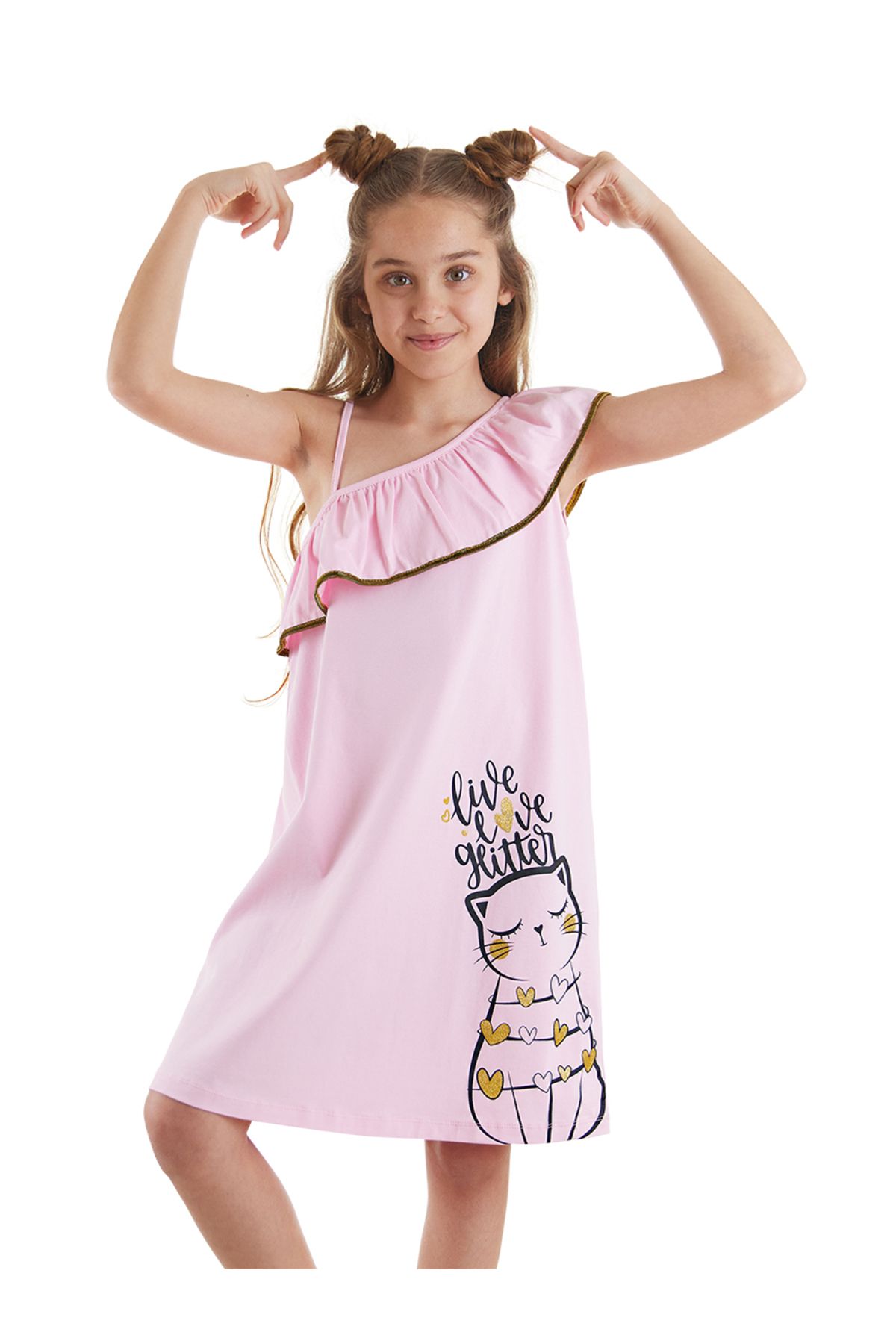 MSHB&G Kedi Kız Çocuk Yazlık Fırfırlı Penye Pembe Kız Elbise
