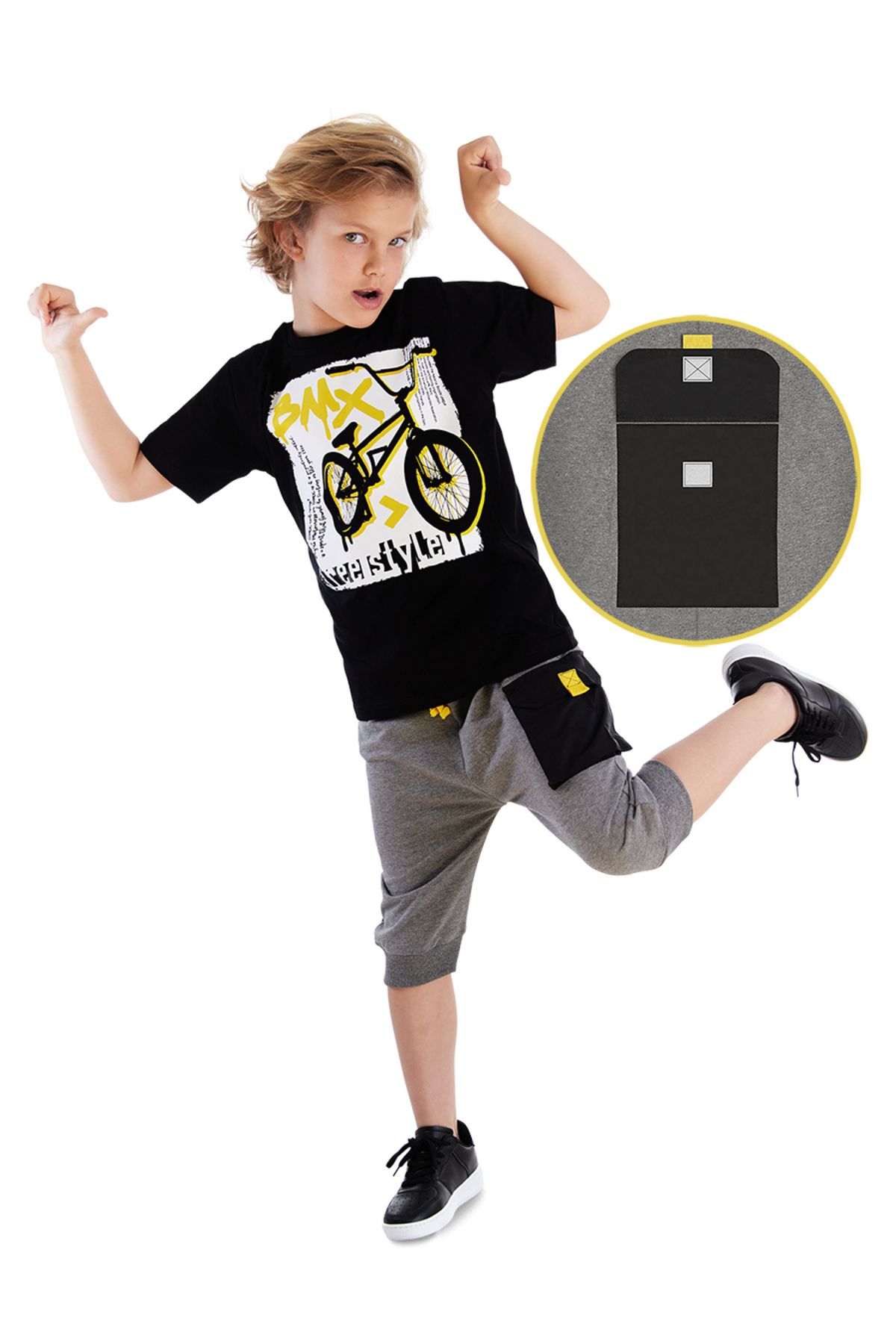 MSHB&G Bisiklet Erkek Çocuk Cep Detaylı Yazlık T-shirt Kapri Şort Takım