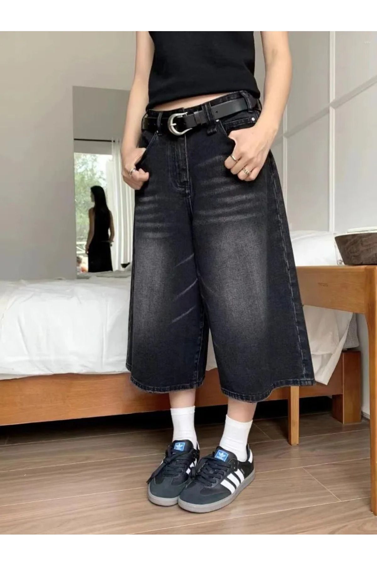 BALİNA Siyah Yıkamalı Y2K Baggy Kot Şort