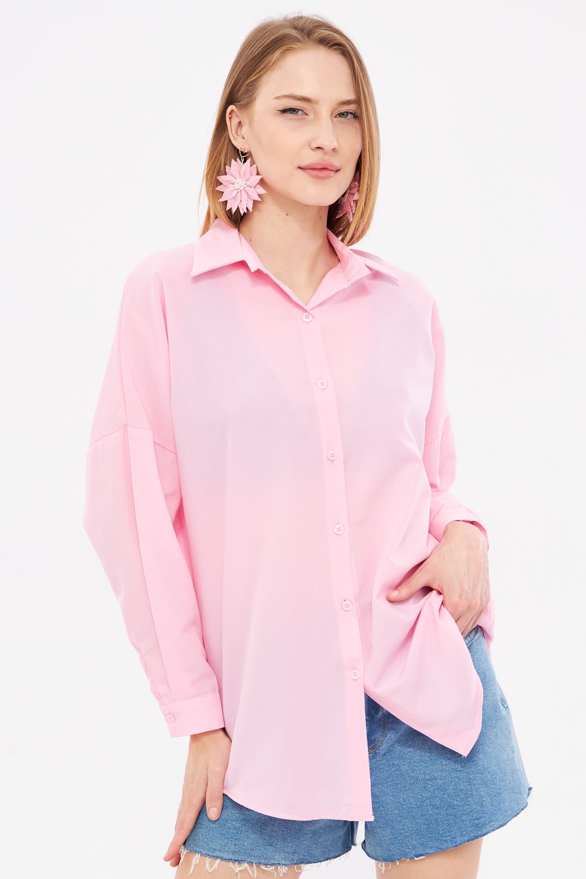 armonika Kadın Toz Pembe Oversize Uzun Basic Gömlek ARM-22Y001118