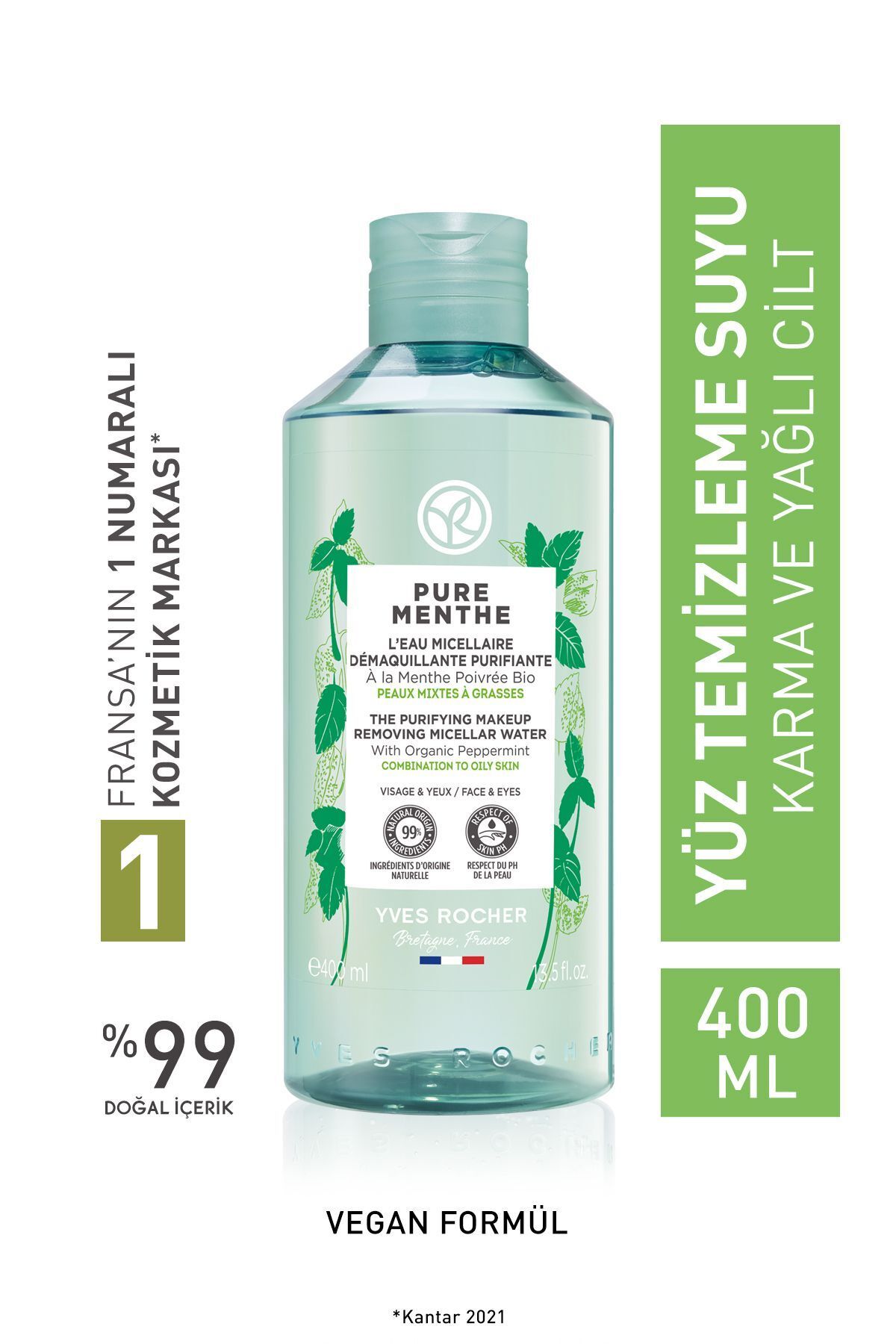 Yves Rocher Karma Ve Yağlı Ciltler Için Gözenek Sıkılaştırıcı Pure Menthe Prebiyotik Miseler Su-400 ml