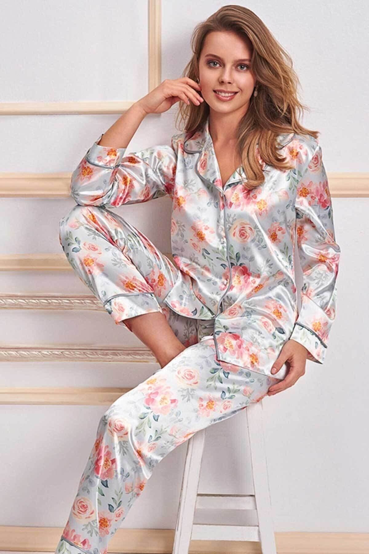 Nurteks Kadın Gömlek Pijama Takımı Saten Çiçekli