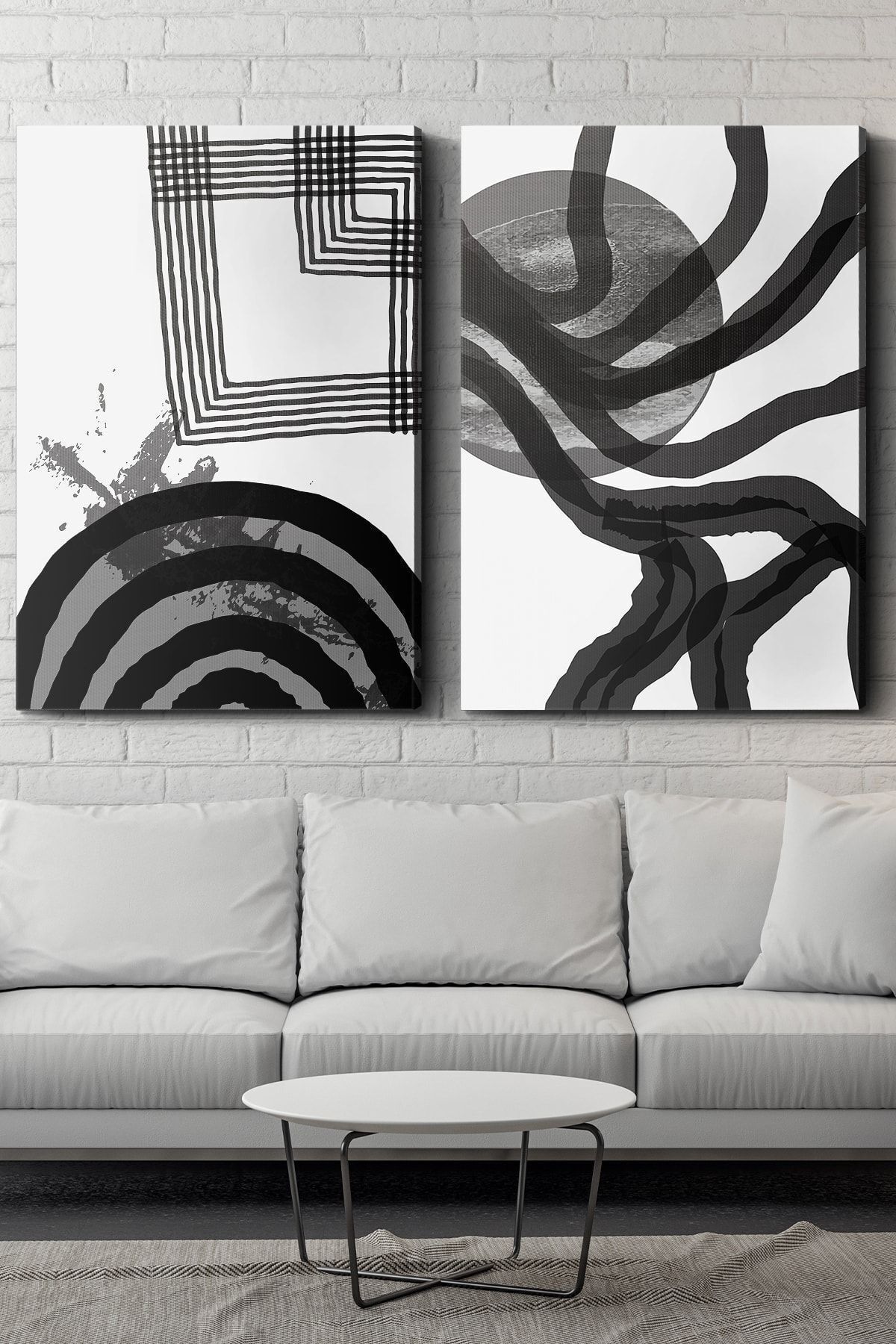 Evinemoda 45x65 Cm Siyah Beyaz Soyut Sanat 2 Parça Kanvas - Canvas Tablo