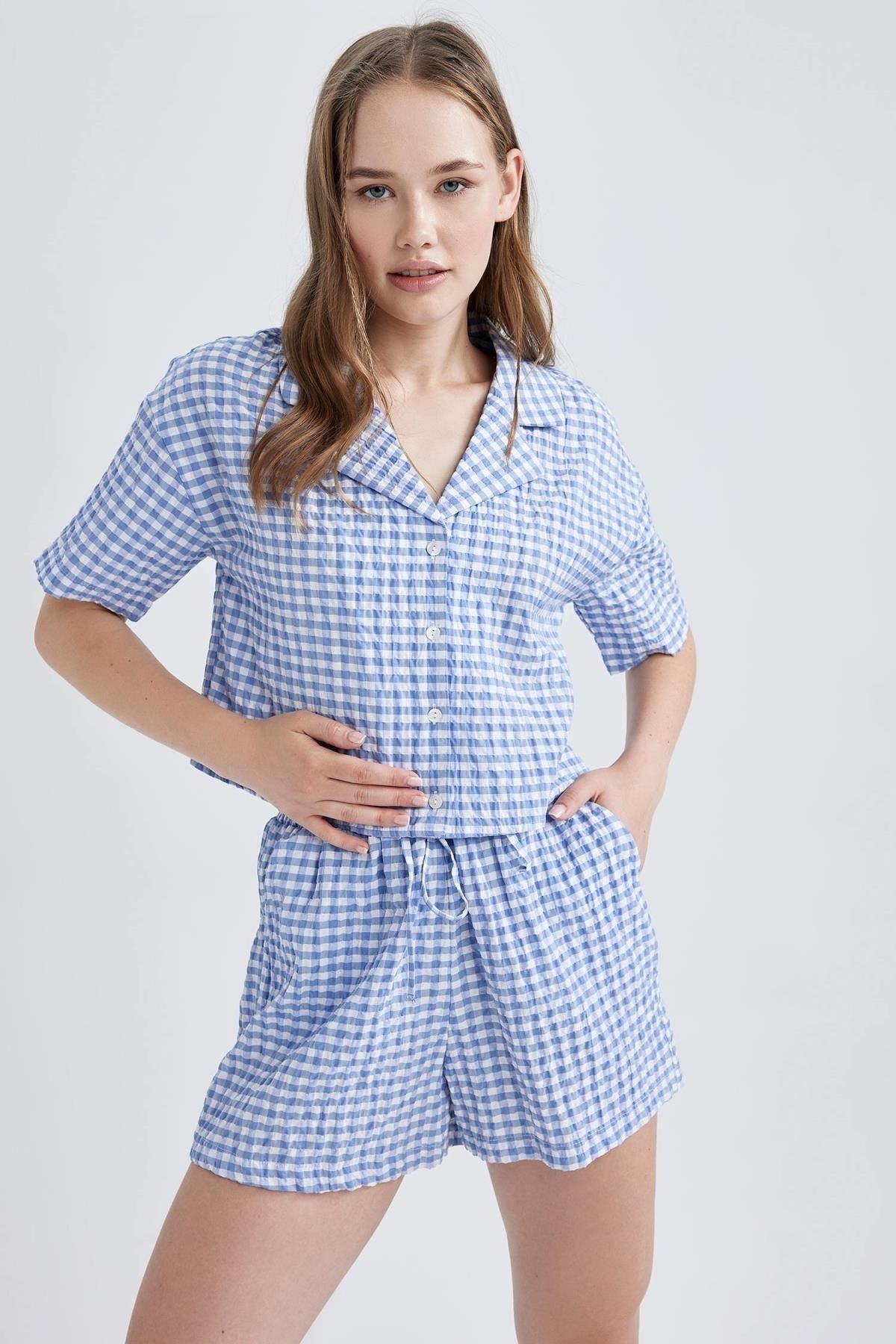 Defacto Coool Oversize Fit Pijama Yaka Krinkıl Kısa Kollu Gömlek B1857ax23hs