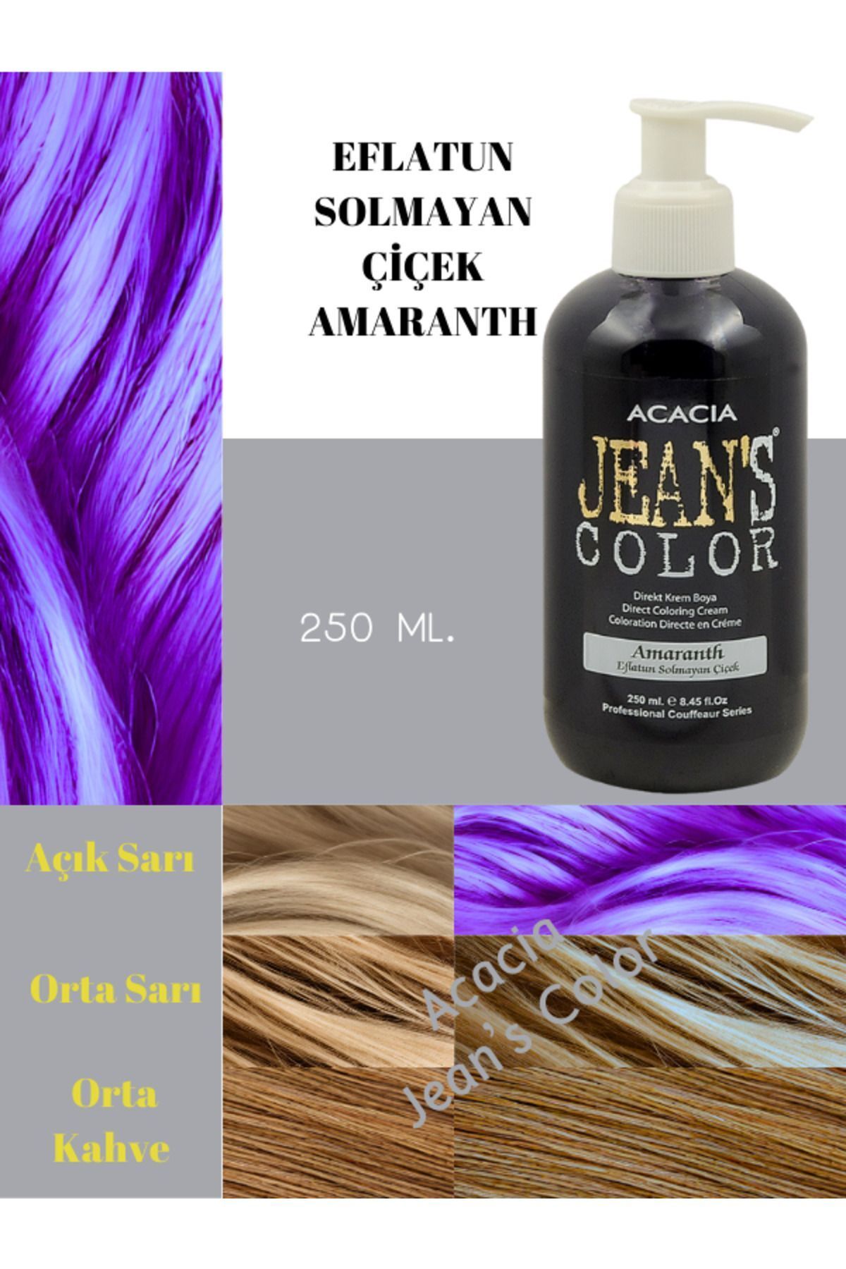 jeans color Amonyaksız Renkli Saç Boyası Eflatun Solmayan Çiçek 250ml. Kokusuz Su Bazlı Amaranth Hair Dye
