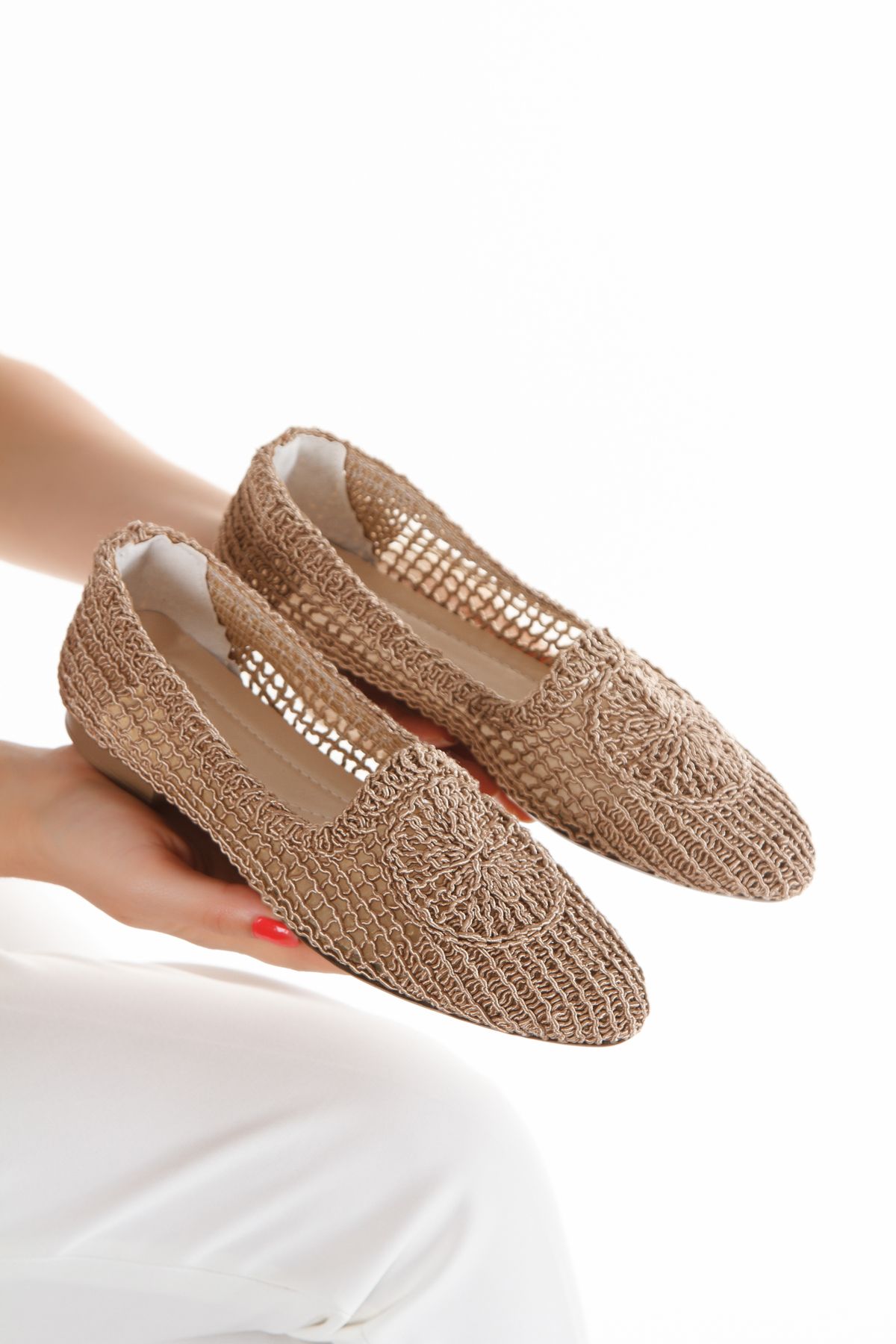 moun shoes Kadın Krem Hasır Babet Ayakkabı