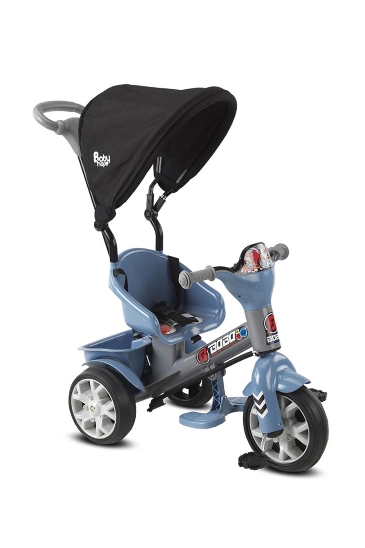 Babyhope 121 Bobo Üç Tekerlekli Ebeveyn Kontrollü Çocuk Bisikleti Gri Mavi