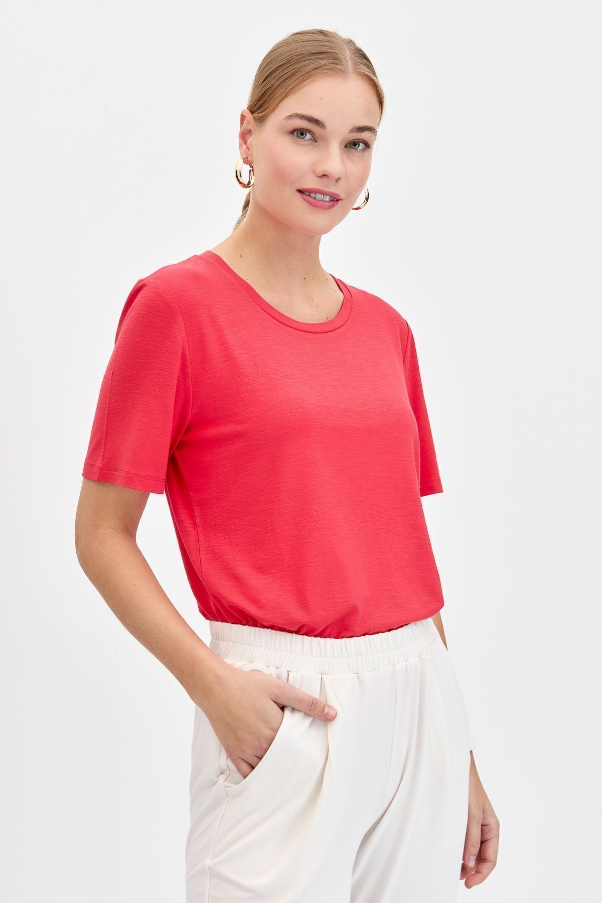 Desen Triko Kadın Sıfır Yaka Flamlı Kumaş Penye Tshirt Mercan