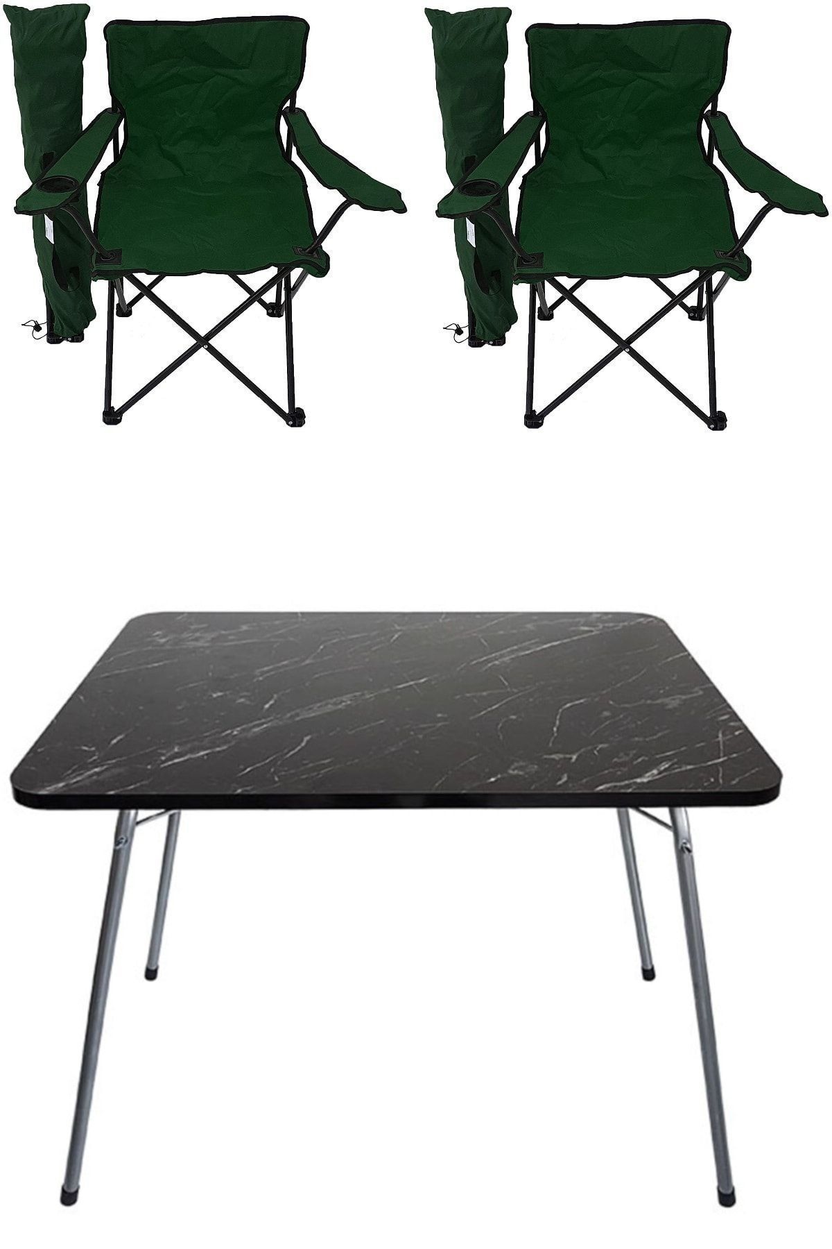 Bofigo 60x80 Granit Katlanır Masa + 2 Adet Kamp Sandalyesi Katlanır Sandalye Piknik Plaj Sandalyesi Yeşil