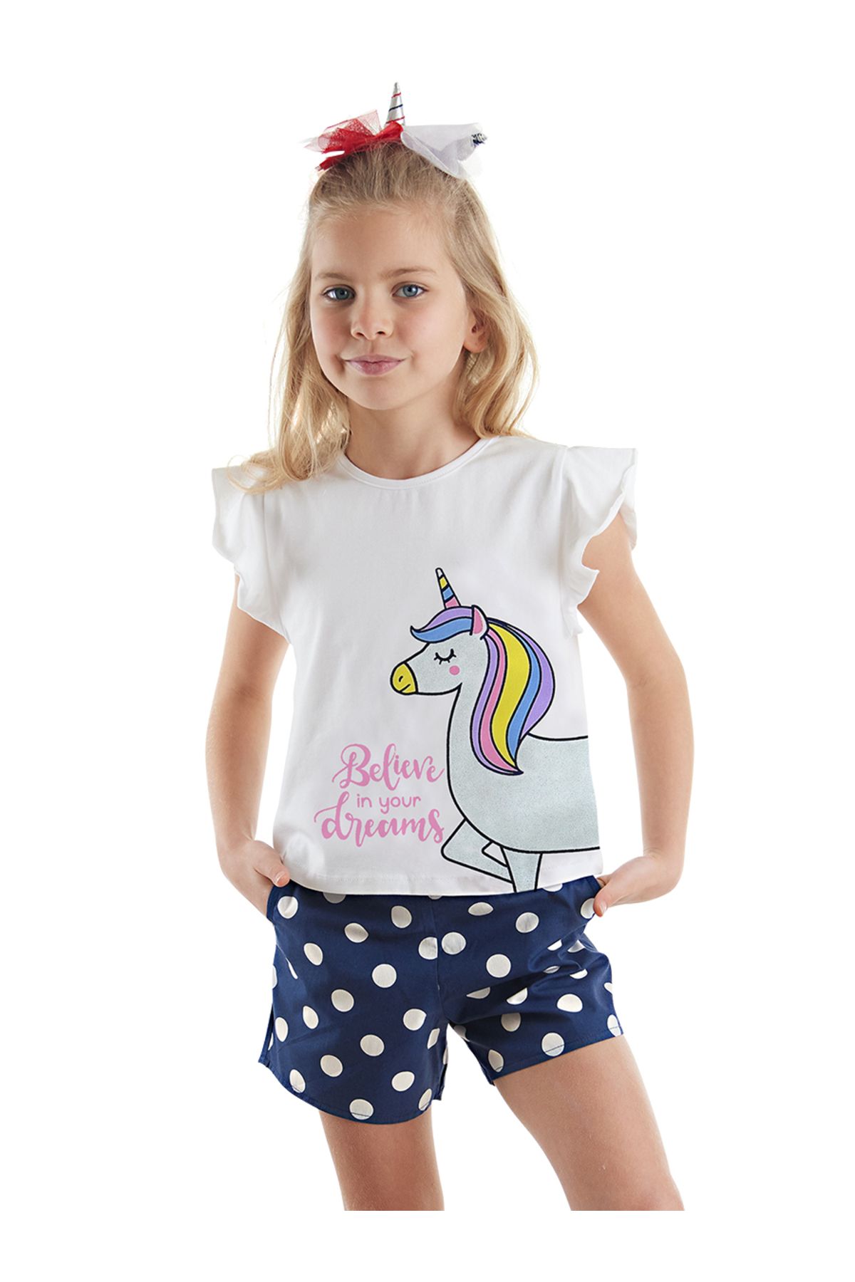 Denokids Puantiyeli Unicorn Kız Çocuk Yazlık T-shirt Poplin Şort Takım