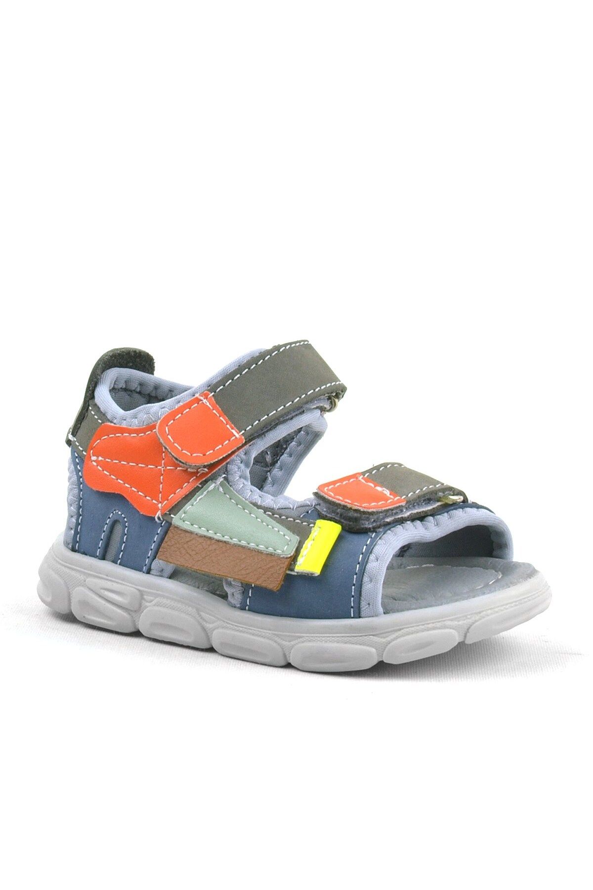 Rakerplus Hakiki Deri Gri-turuncu Cırtlı Bebek Sandalet