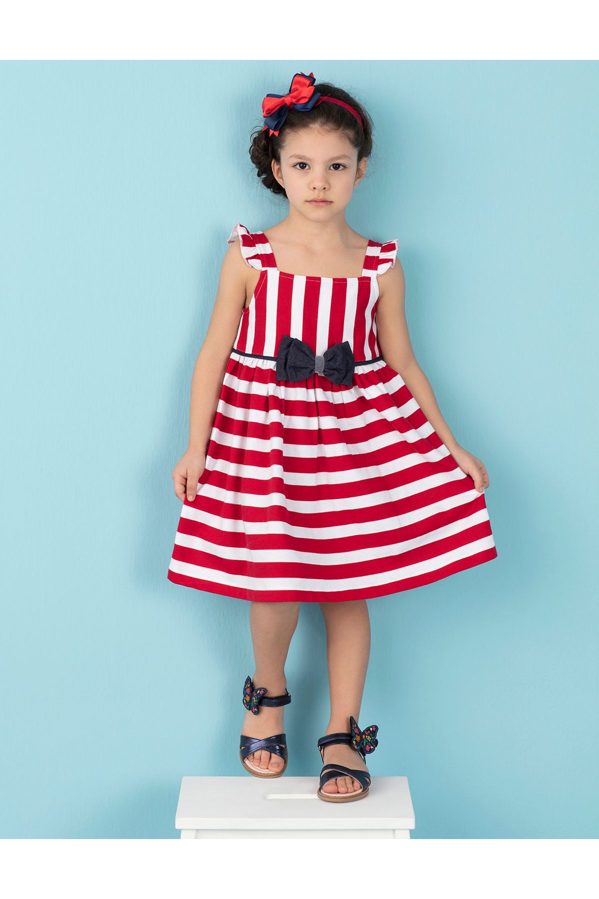 Ollie&Olla Kırmızı Çizgili Kız Çocuk Kolsuz Yazlık Elbise