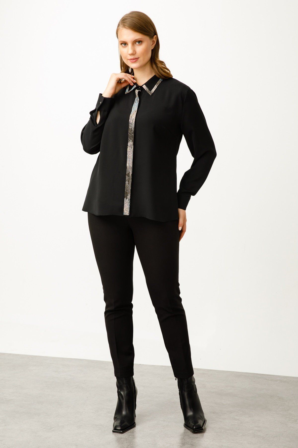 Moda İlgi Modailgi Taş Detaylı Gömlek Siyah