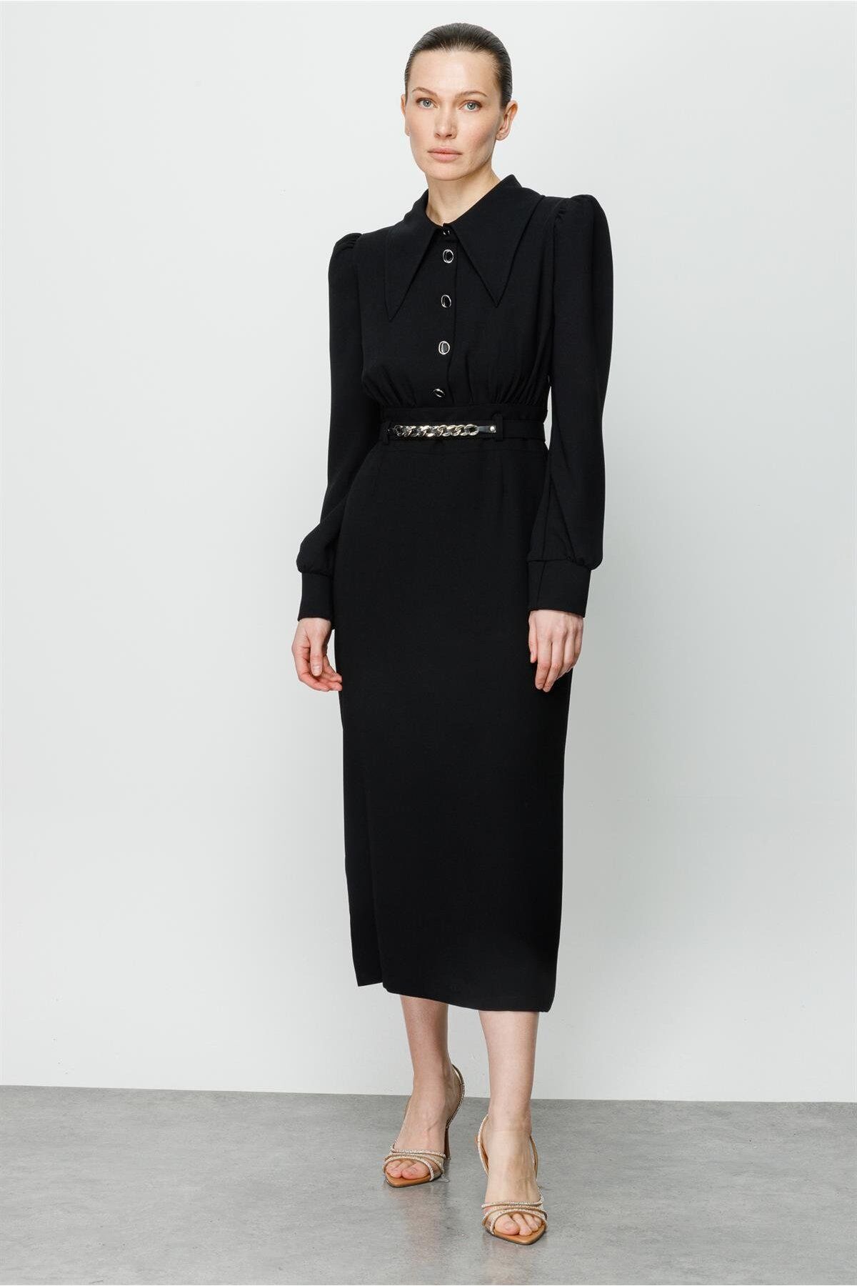 Moda İlgi Modailgi Sivri Yaka Elbise Siyah