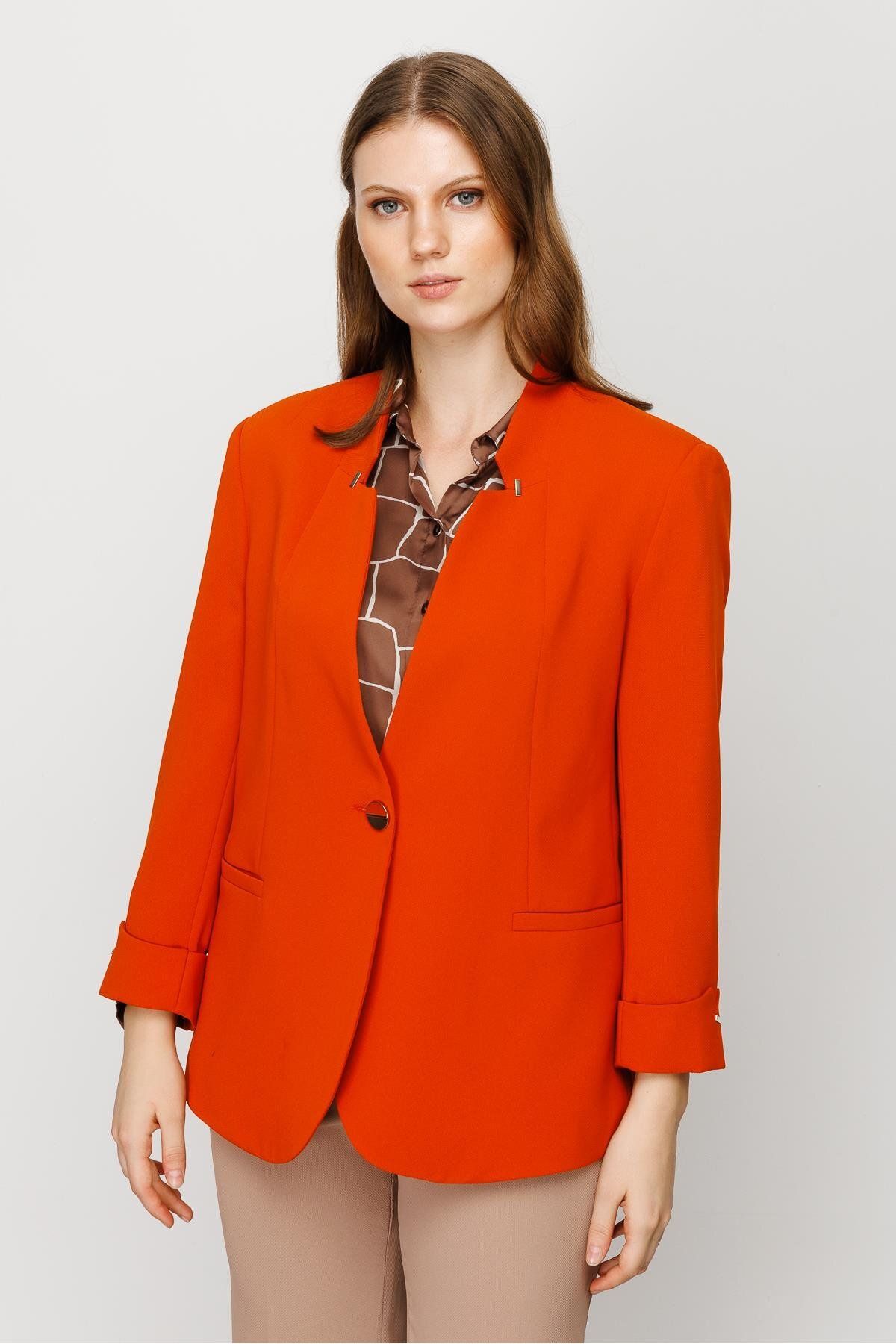 Moda İlgi Modailgi Yaka ve Kol Manşeti Zımbalı Ceket Orange