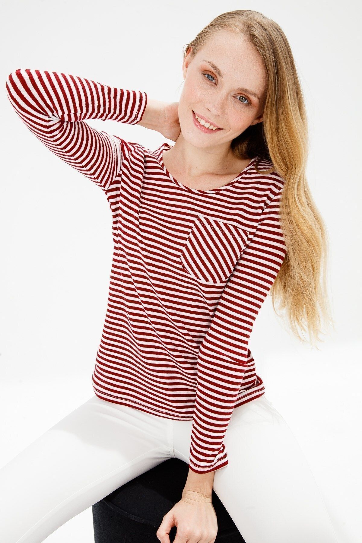 Desen Triko Kadın Sıfır Yaka Uzun Kol Çizgili Pamuklu T-shirt Kırmızı