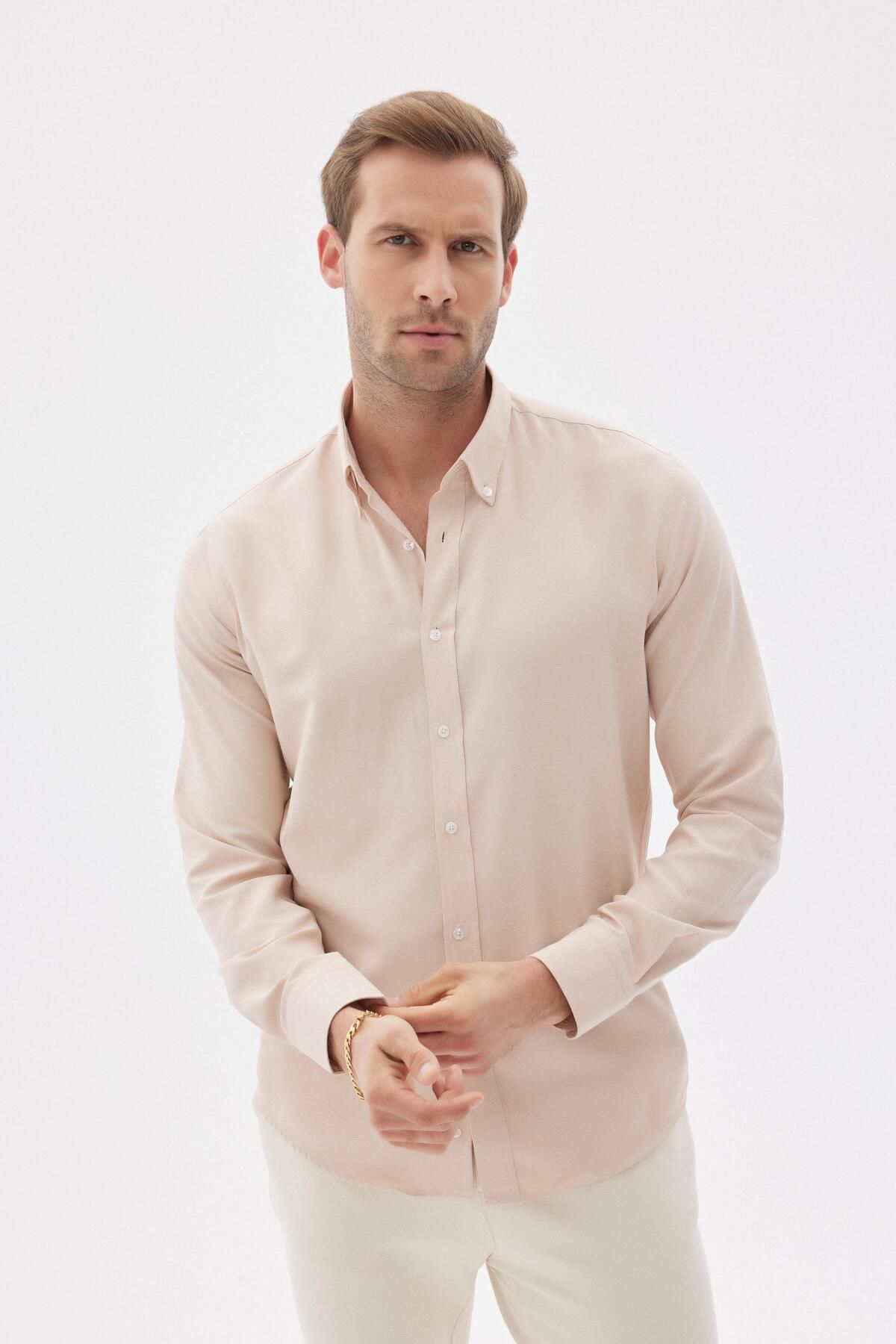 odelon Erkek Kolay Ütülenebilir Oxford Slim Fit Gömlek Bej Mars36