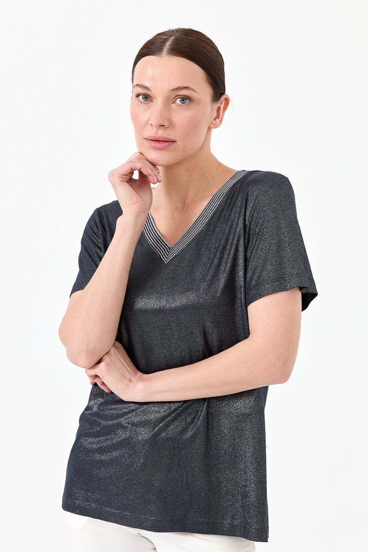 Desen Triko Kadın V Yaka Çizgili Penye T-shirt Lacivert