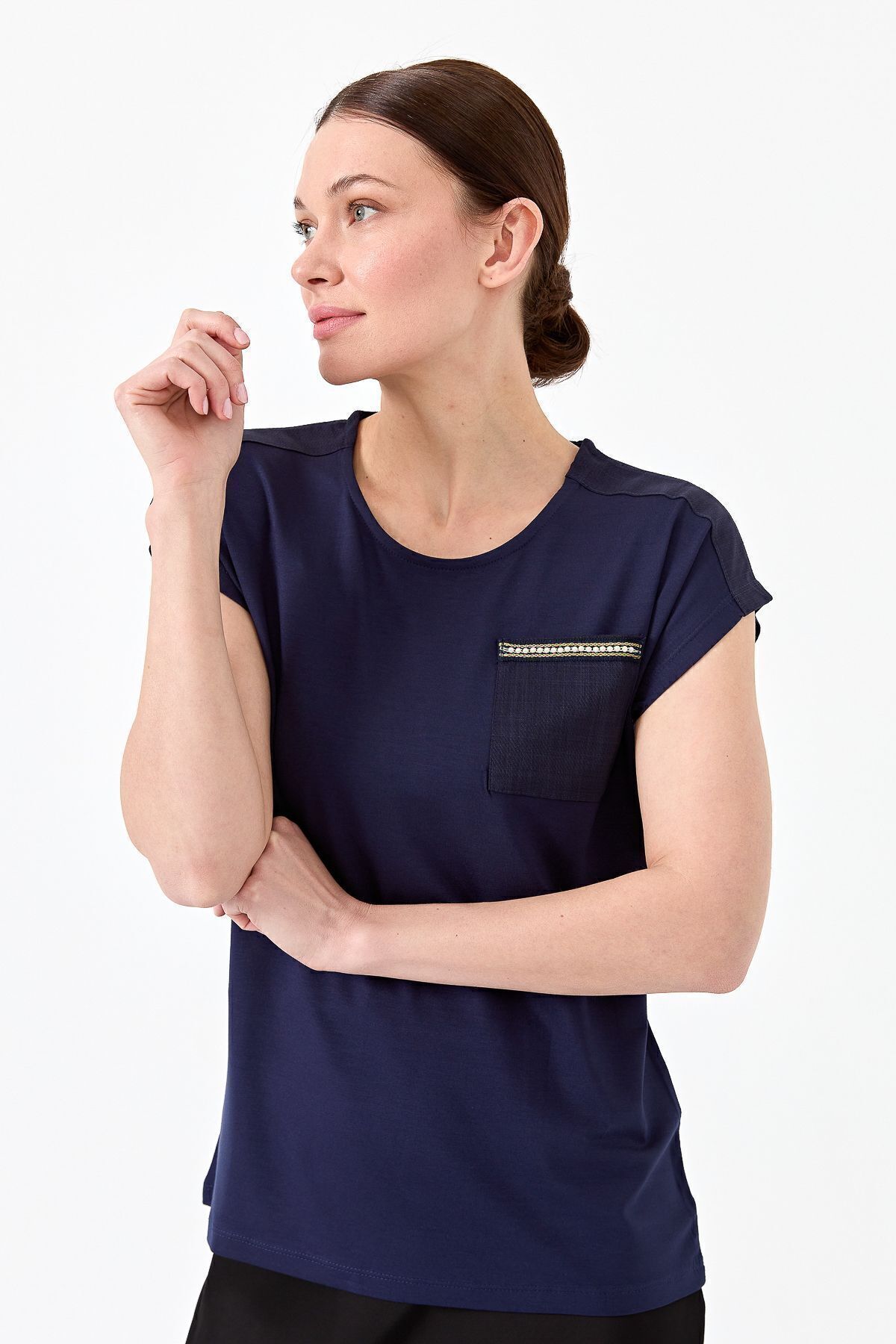 Desen Triko Kadın Sıfır Yaka Düşük Kol Simli T-shirt Lacivert