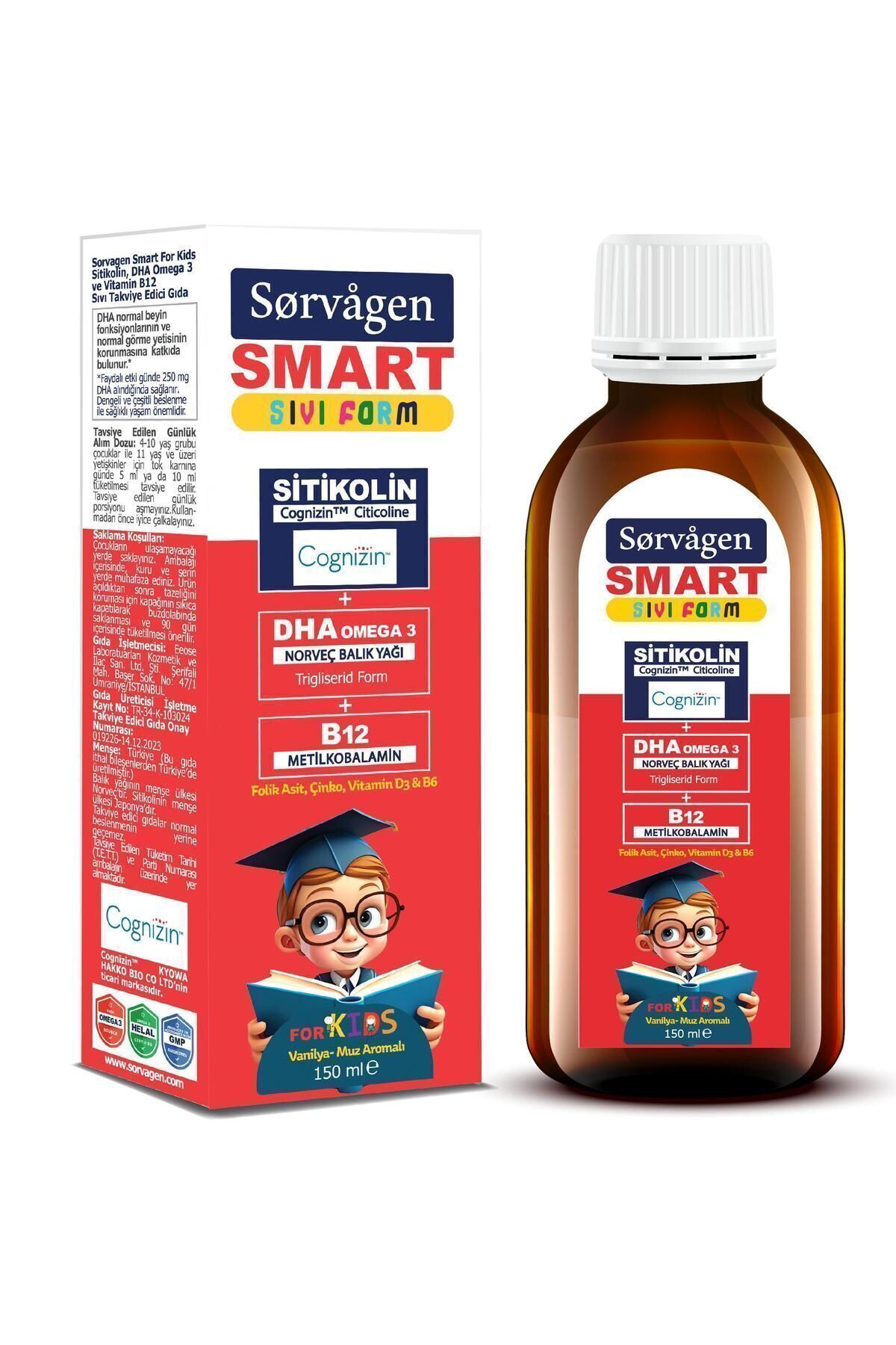 Sorvagen Smart Kids Sıvı Form - Sitikolin DHA Omega 3 Norveç Balık Yağı ve B12 - 150 ml