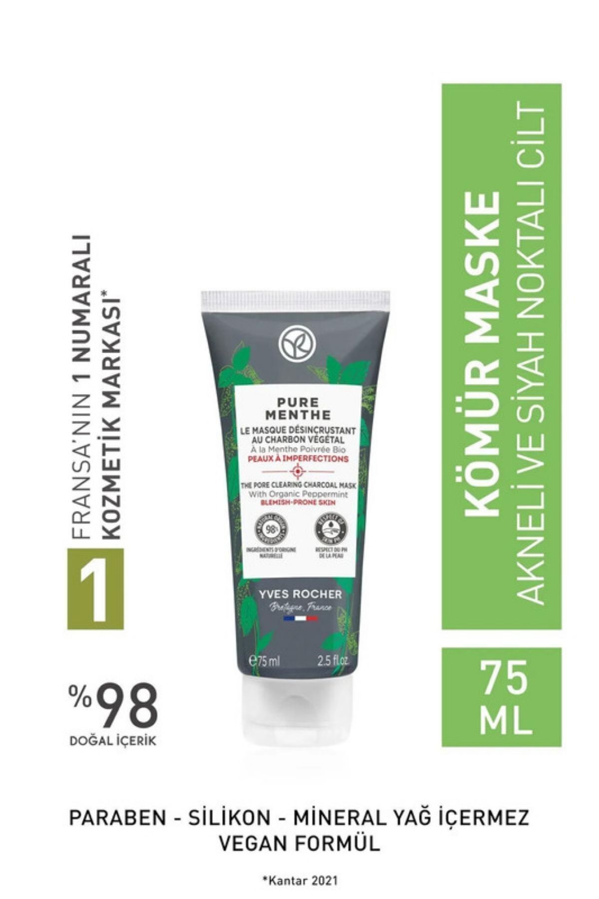 Yves Rocher Karma, Yağlı Ve Akneye Eğilimli Ciltler Için Pure Menthe Kömür Maske-75 ml